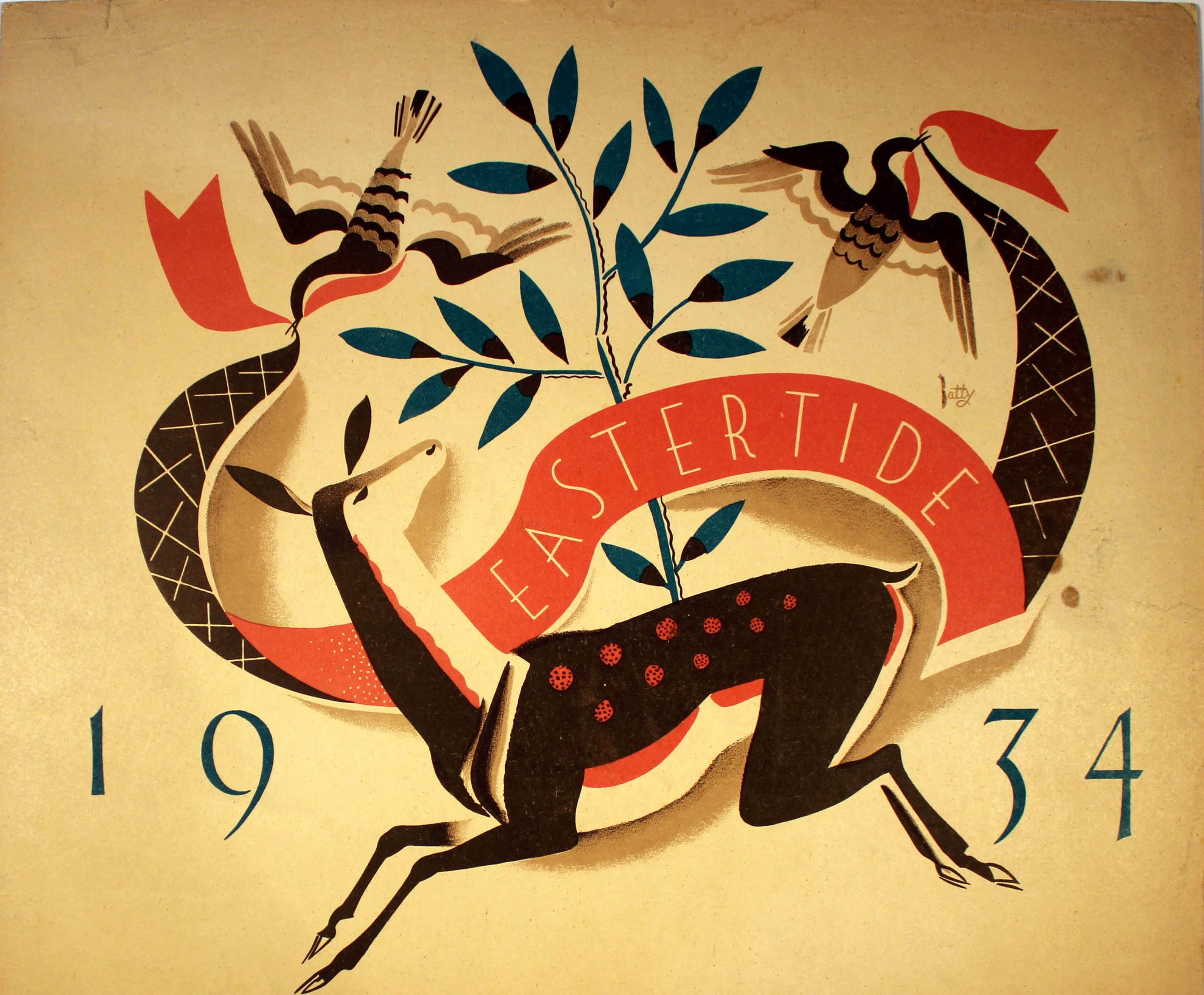 Affiche rétro originale des compagnies de métro de Londres, Eastertide Transport, Dessin de printemps - Print de Dora Batty