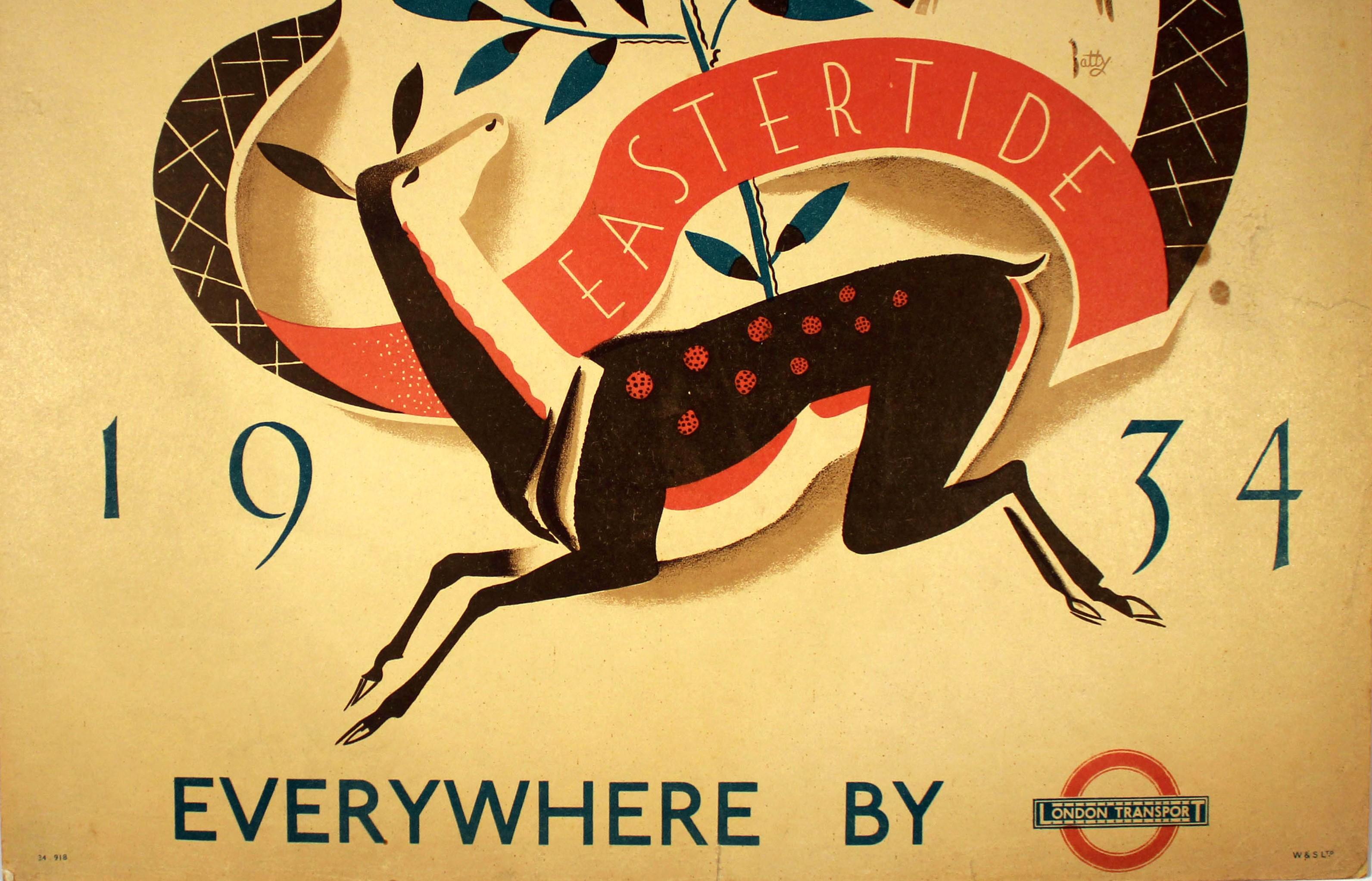 Affiche rétro originale des compagnies de métro de Londres, Eastertide Transport, Dessin de printemps - Art déco Print par Dora Batty