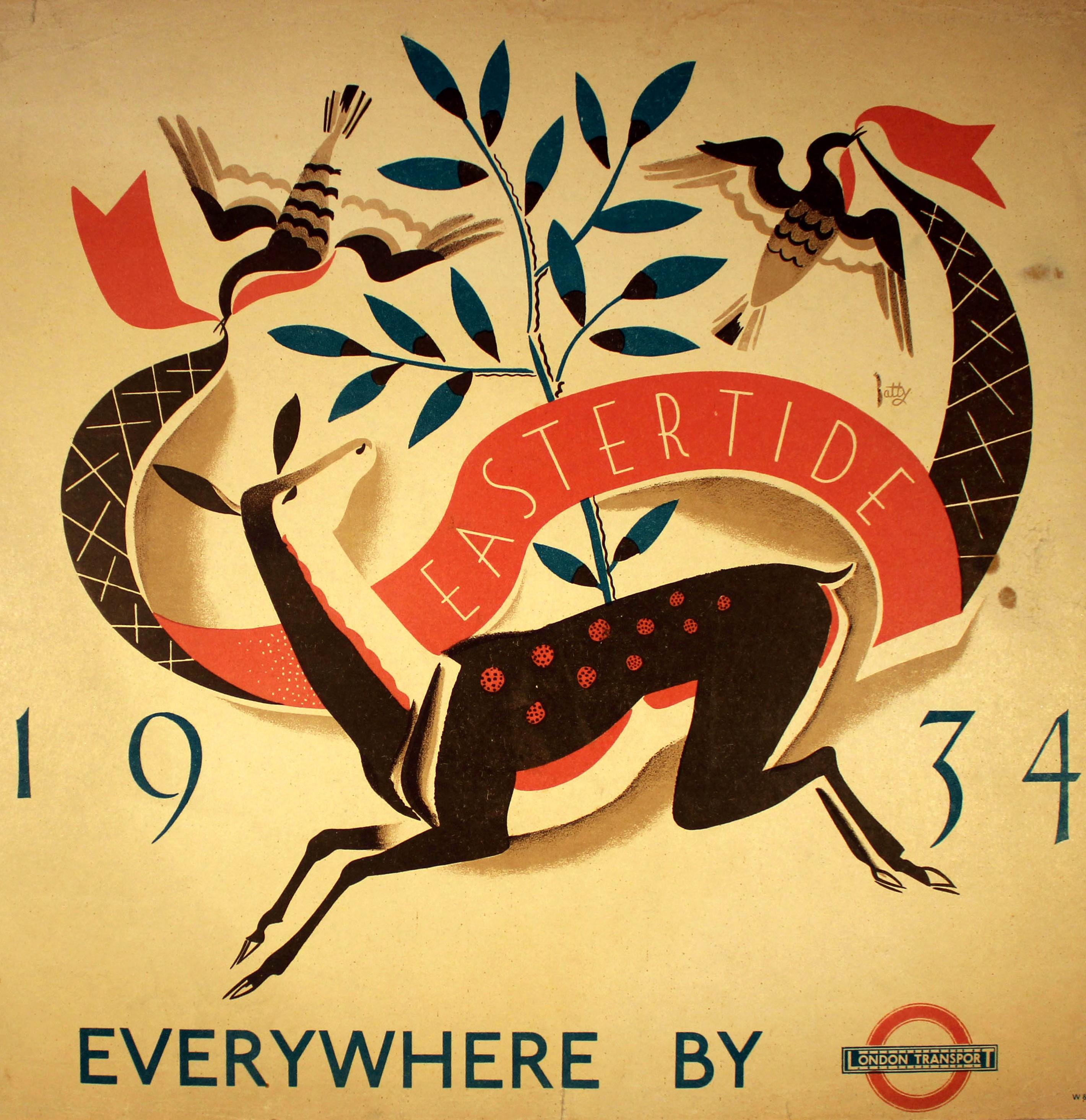 Affiche rétro originale des compagnies de métro de Londres, Eastertide Transport, Dessin de printemps - Orange Print par Dora Batty