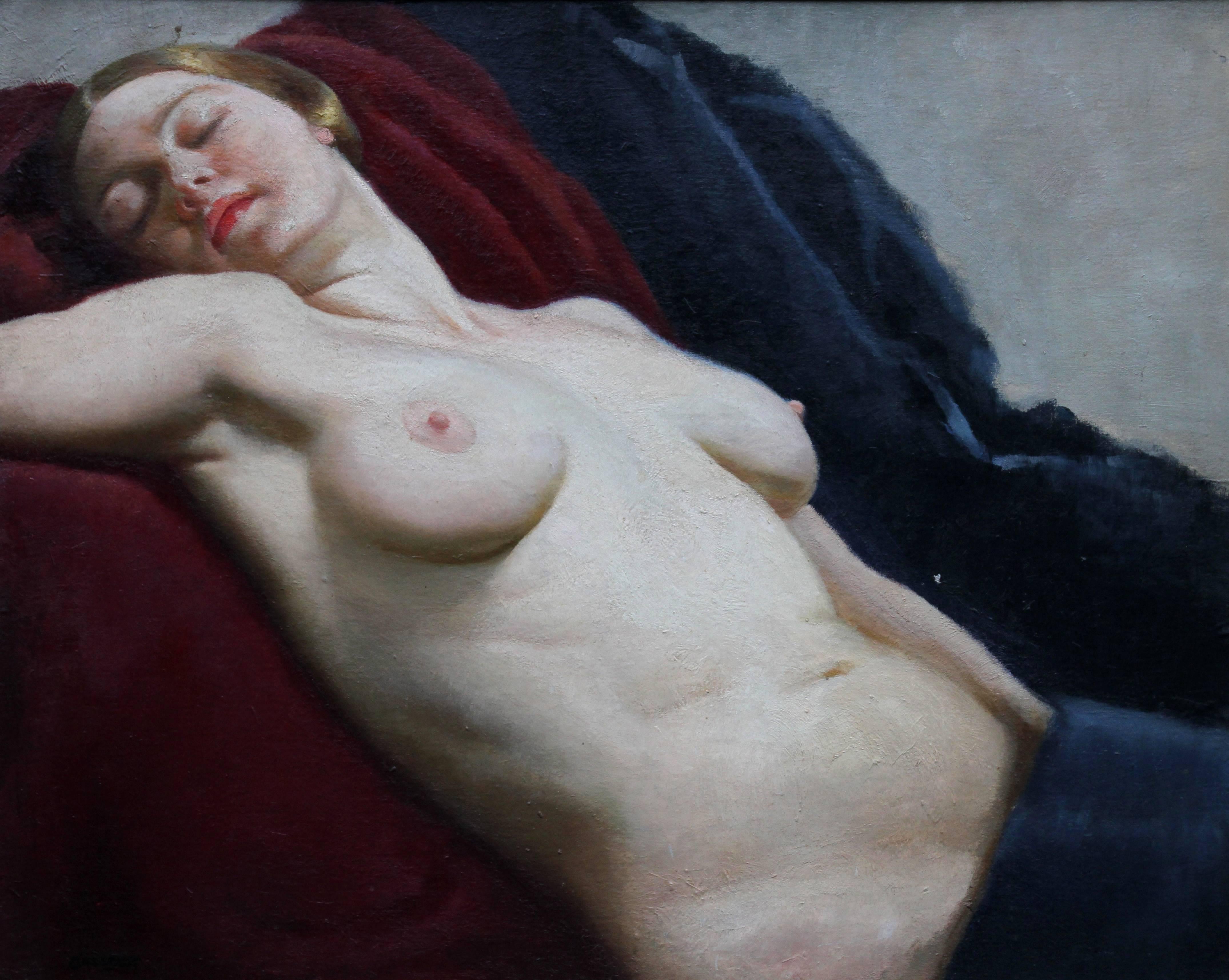 Reclining nude - British Art Deco 30s female portrait oil painting female artist - Painting by Dora Crockett