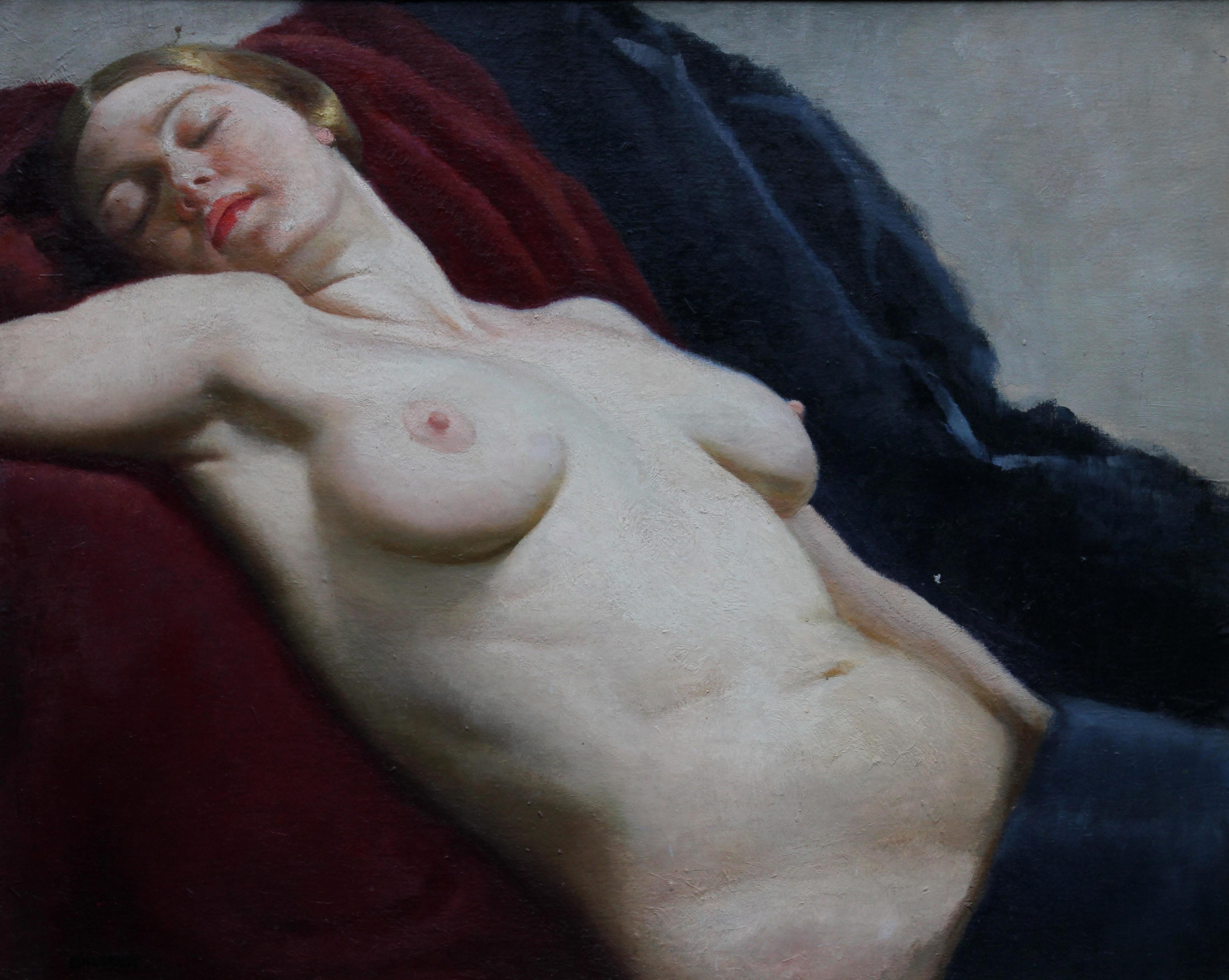 Un étonnant portrait de femme nue de Dora Crocket (comtesse Lewenhaupt), exposé en 1934. Le portrait représente une femme nue allongée dans une pose sensuelle sur un fond rouge et bleu. Il s'agit d'un véritable joyau de l'Art déco qui a été exposé à