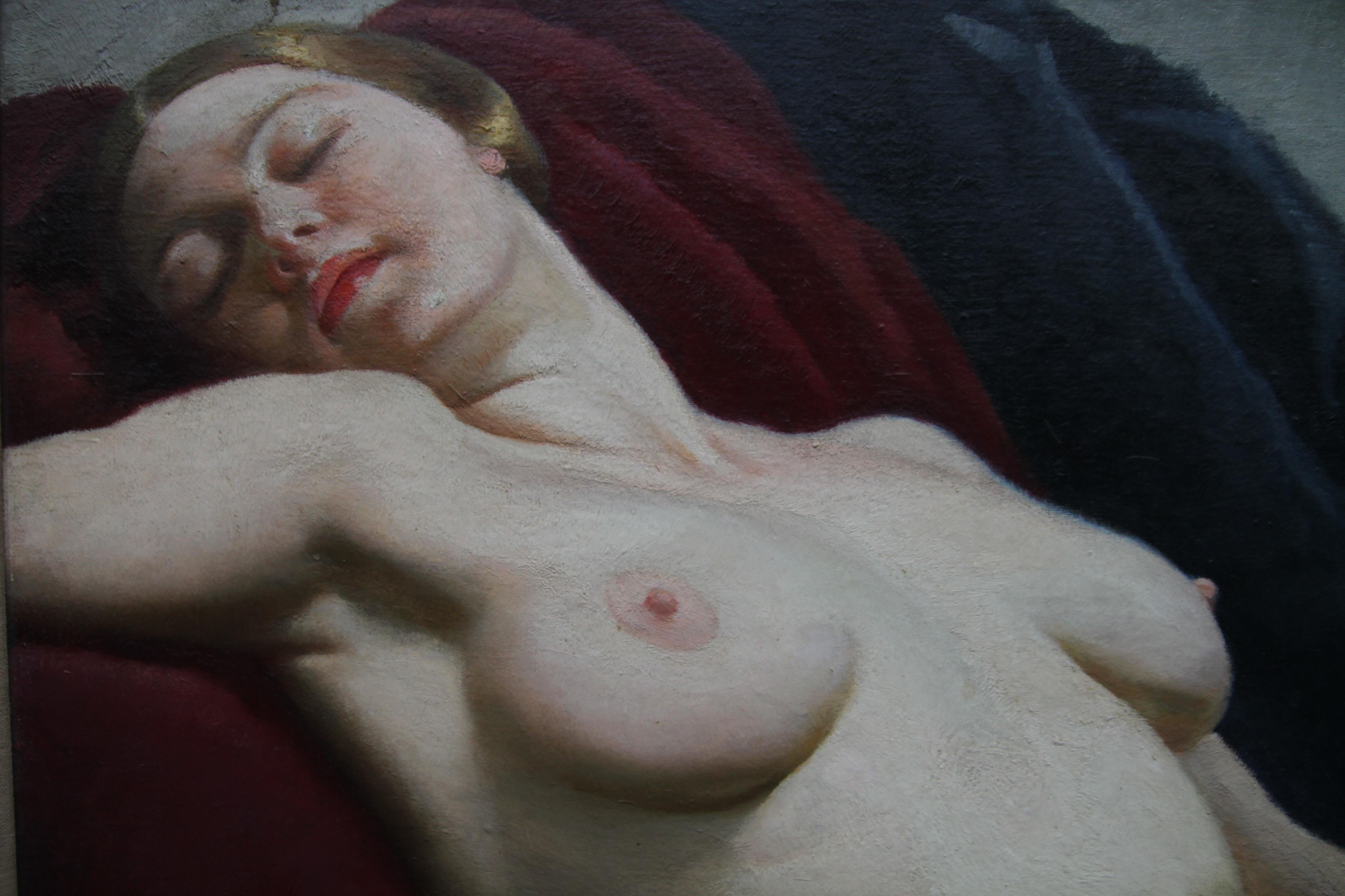 Peinture à l'huile - Nu couché - Portrait de femme de style Art déco britannique des années 30 - Artiste en vente 1