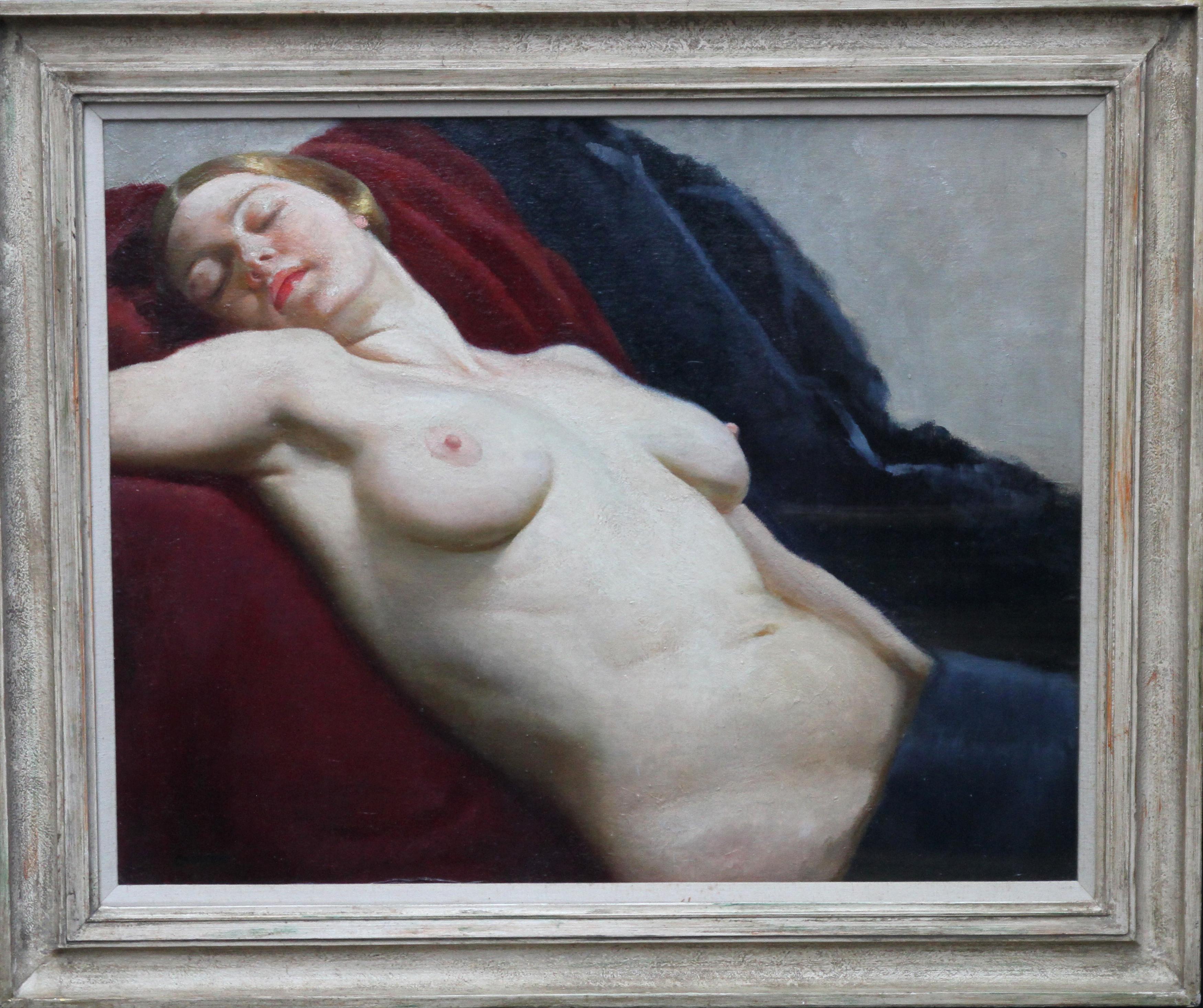 Peinture à l'huile - Nu couché - Portrait de femme de style Art déco britannique des années 30 - Artiste en vente 5