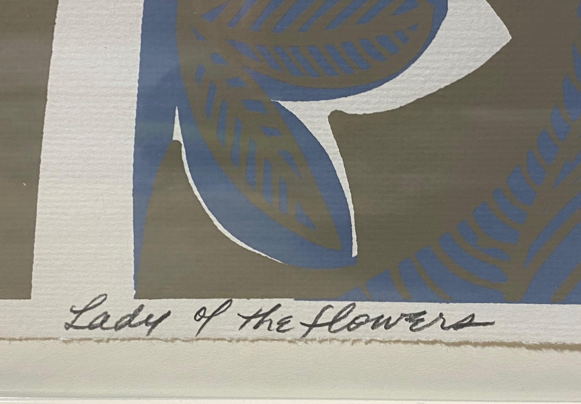 Dora De Larios Signed Midcentury California Screenprint Lady of the Flowers 2
