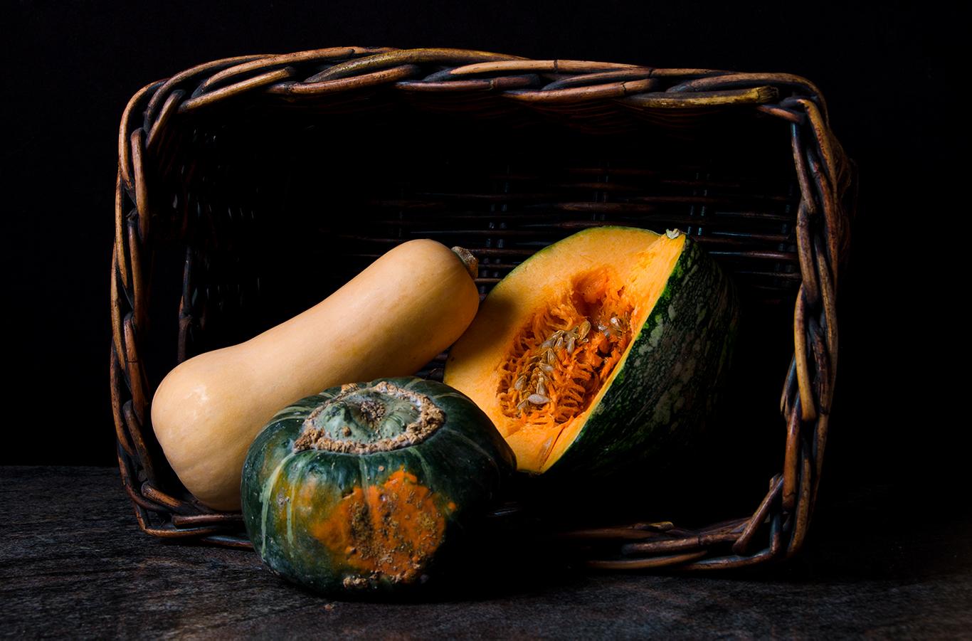 Alcachofas con nueces, Cebollas con jarrito, and Pumpkin (Triptych)  - Photograph by Dora Franco