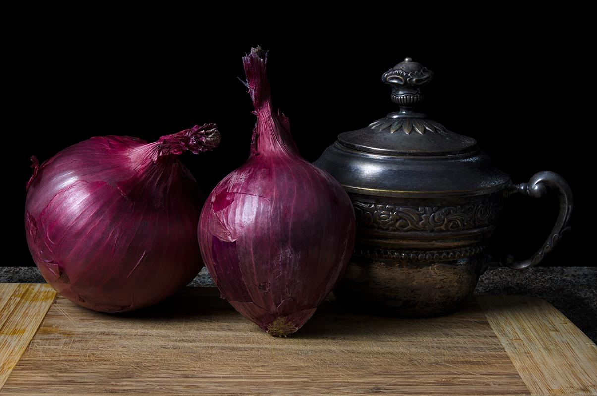 Alcachofas con nueces, Cebollas con jarrito, and Pumpkin (Triptych)  - Modern Photograph by Dora Franco