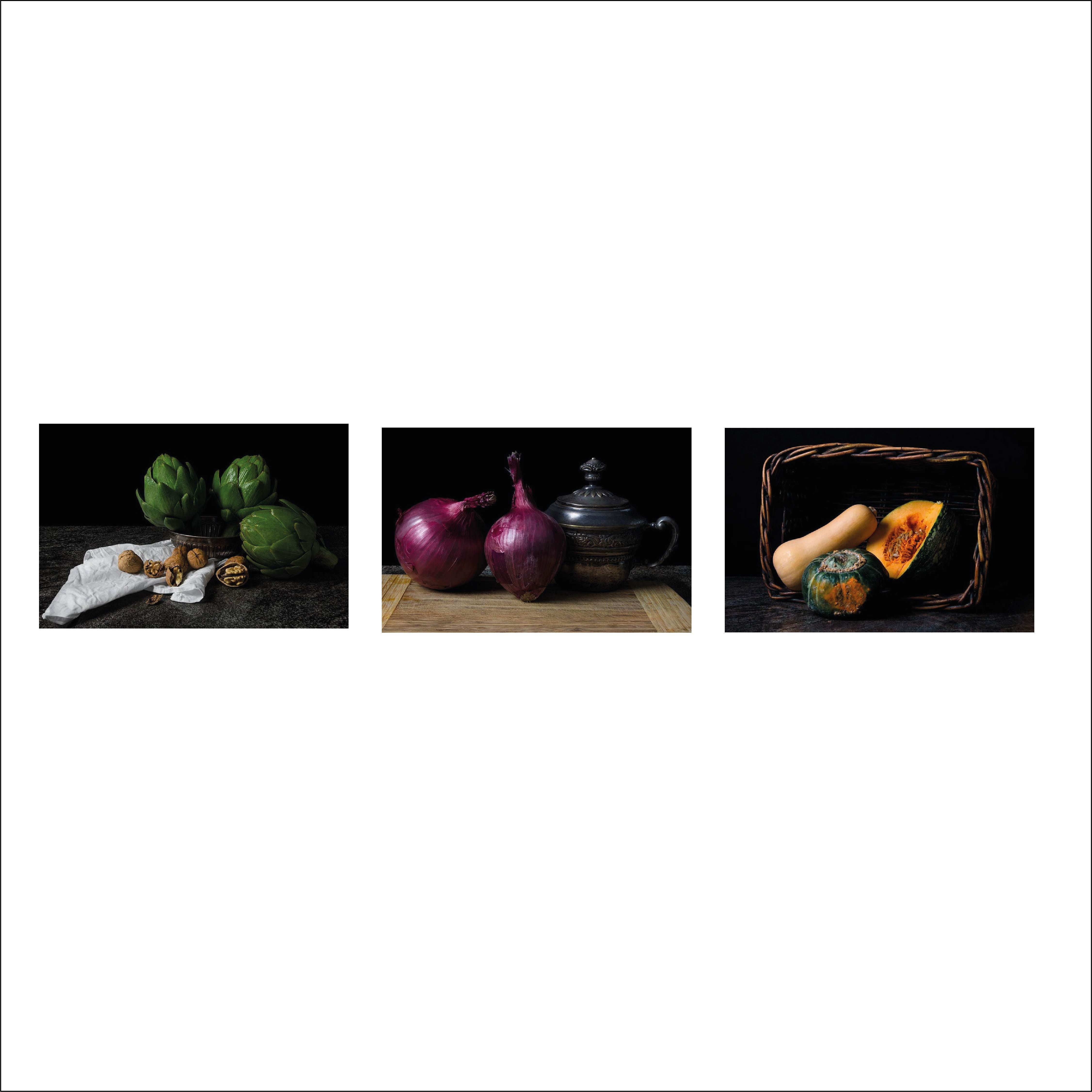 Dora Franco Color Photograph - Alcachofas con nueces, Cebollas con jarrito, and Pumpkin (Triptych) 