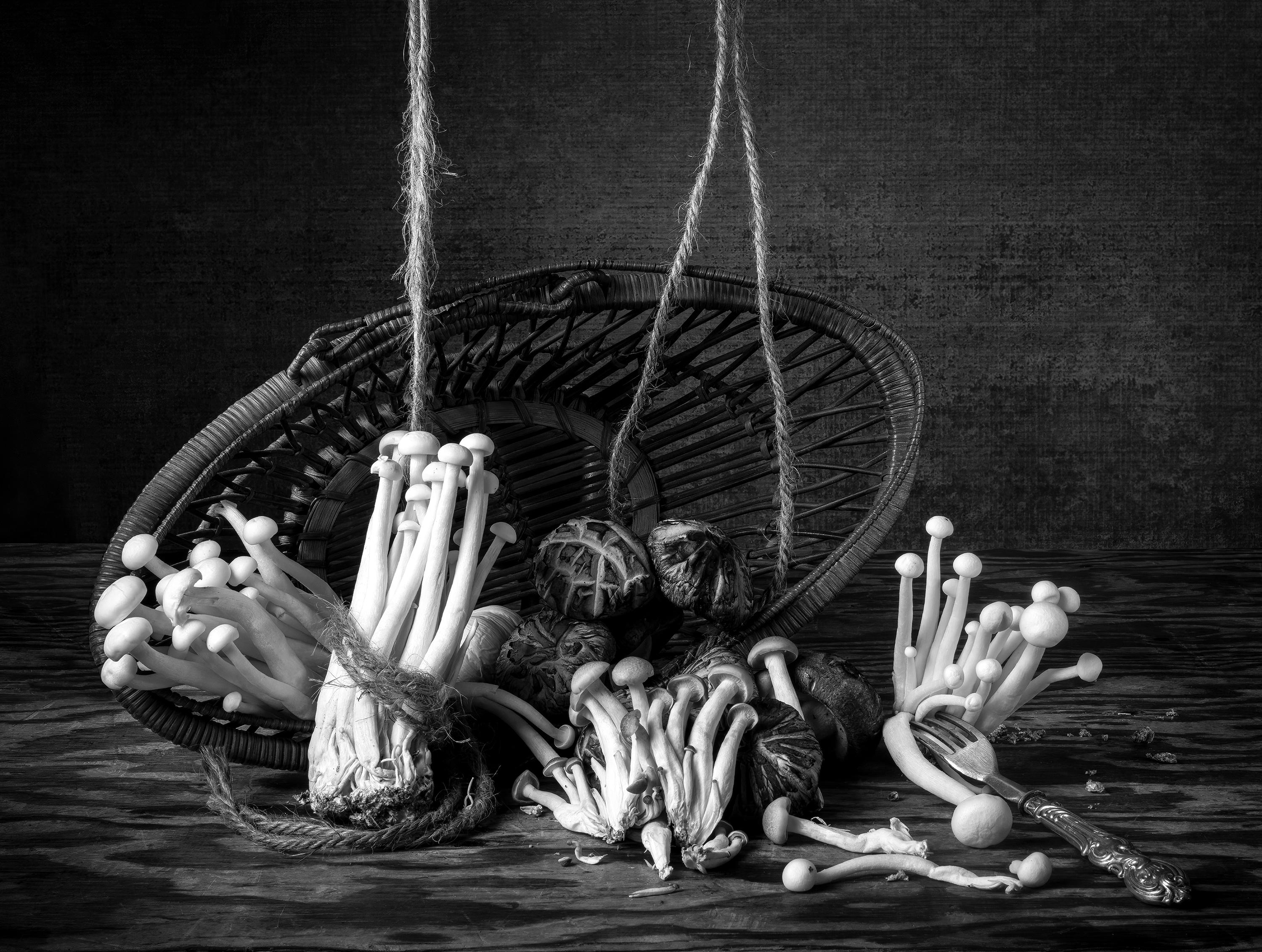 Black and White Photograph Dora Franco - Hongos & Canasto De The Bodegones  série.  Nature morte photographie couleur