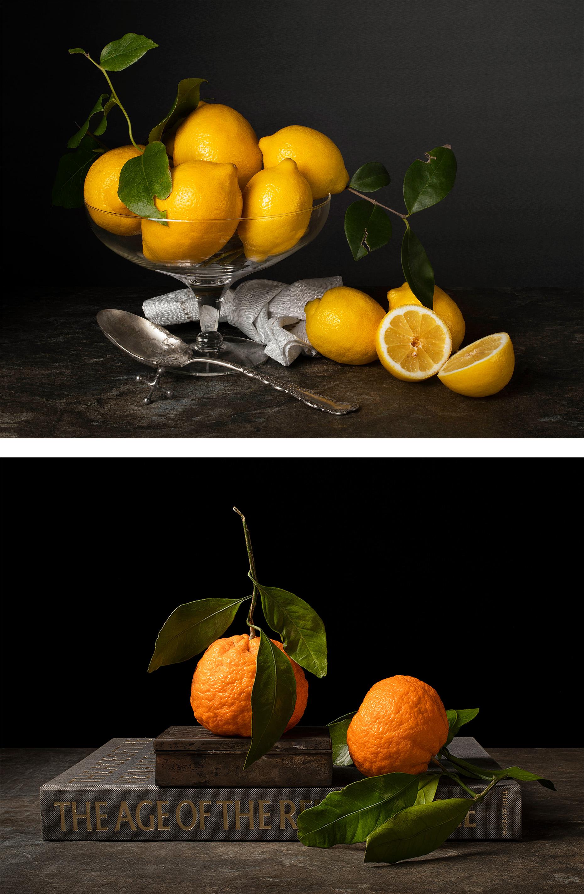 Color Photograph di Dora Franco - Limon con Cuchara e Mandarinas con Libro, Dittico. Dalla serie The Bodegones