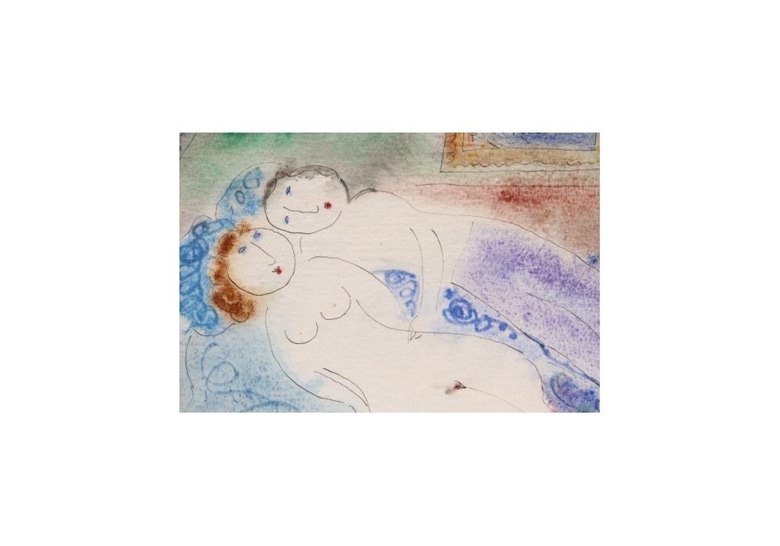 Dora Holzhandler: Aquarell eines nackten Paares mit dem Titel „Liebespaar“ (Moderne der Mitte des Jahrhunderts) im Angebot