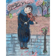 La violoniste au printemps" Peinture à l'huile britannique contemporaine Musicienne Dora Holzha