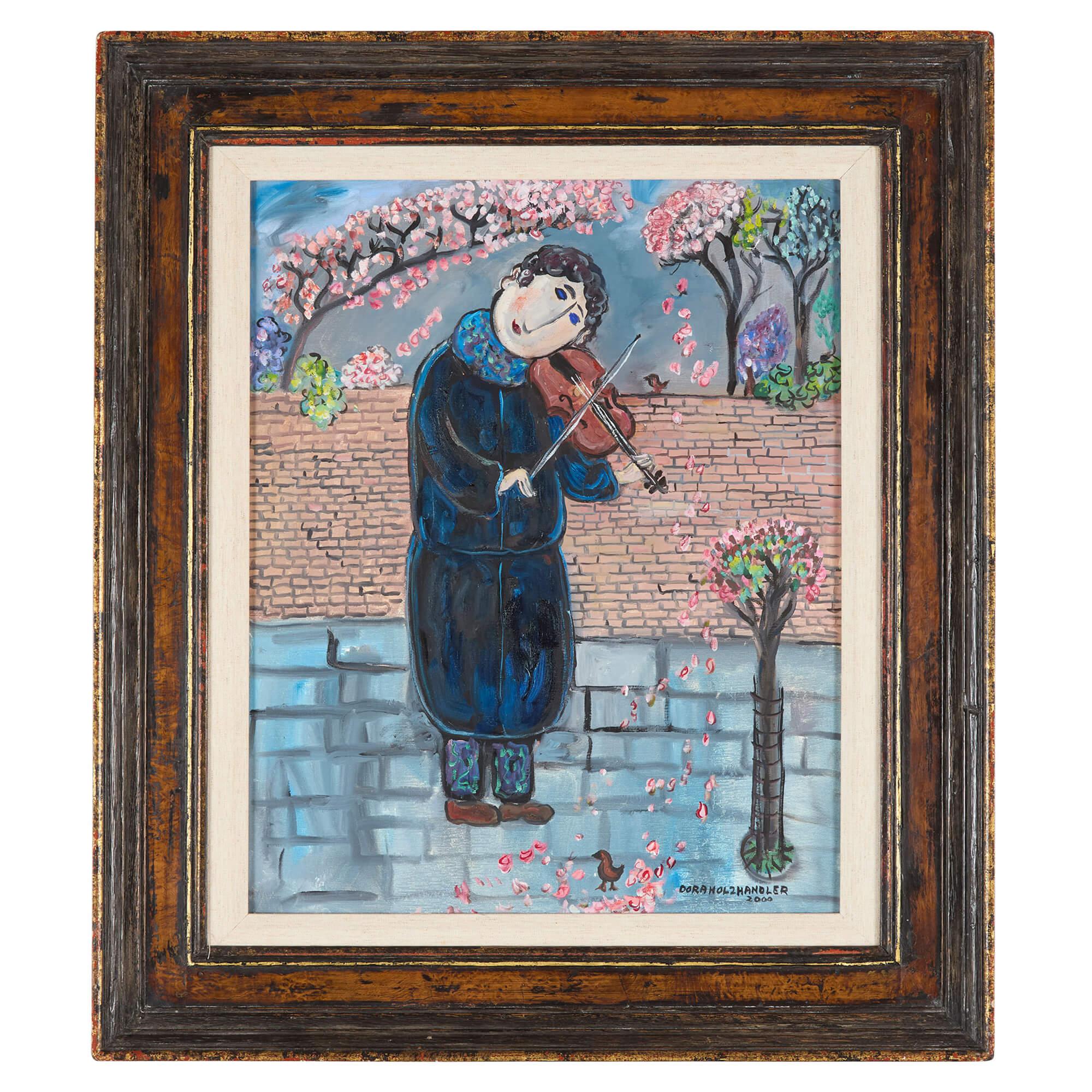 Dora Holzhandler Figurative Painting – Die Geigerin im Frühling" Zeitgenössisches britisches Ölgemälde Musikerin Dora Holzha