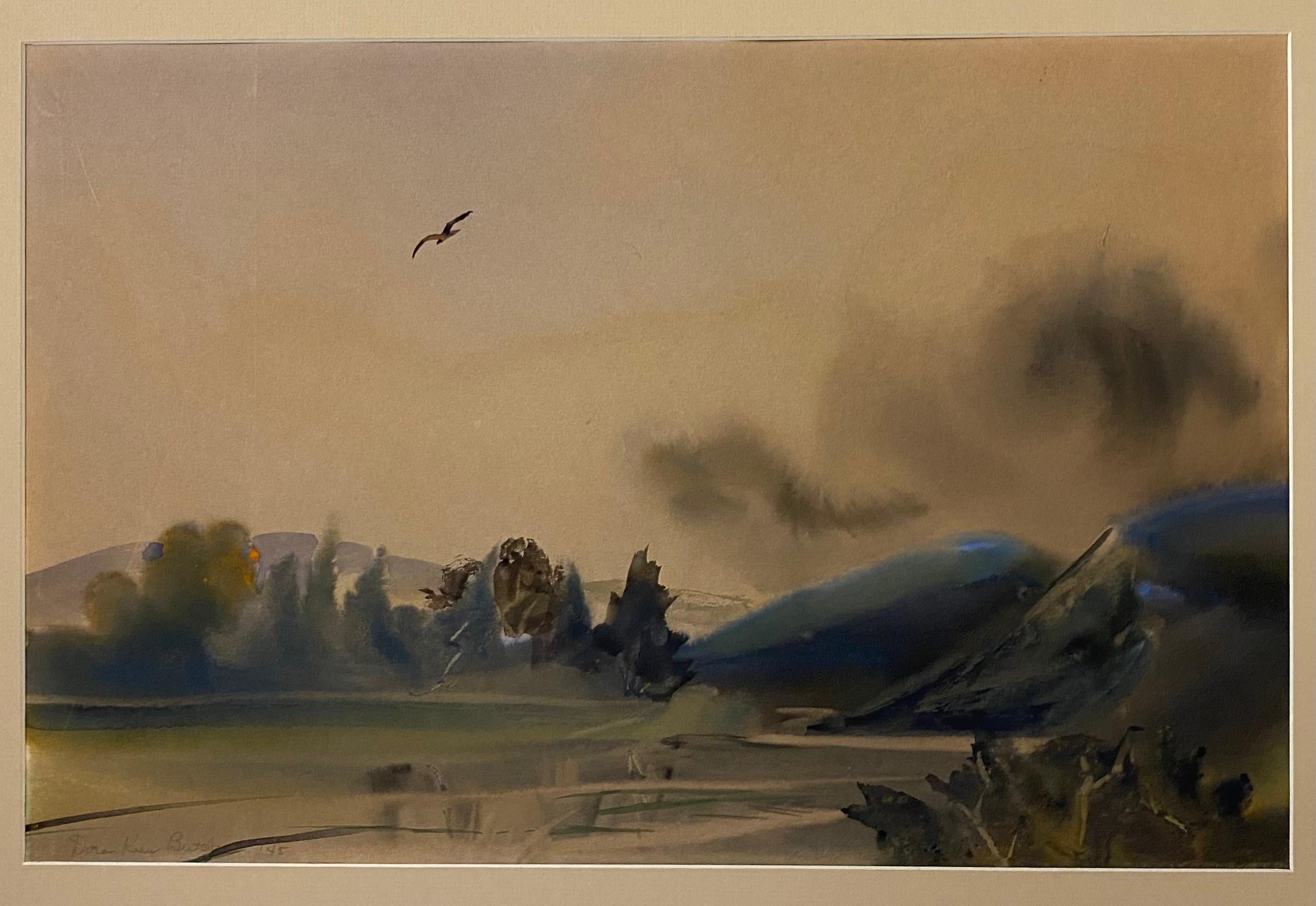 Une peinture originale très bien exécutée de Dora Keen Butching (Américaine 1905 - 1982). Cette peinture de paysage en aquarelle. Le tableau est clairement signé par l'artiste et daté au crayon dans le coin inférieur gauche. Elle est encadrée et