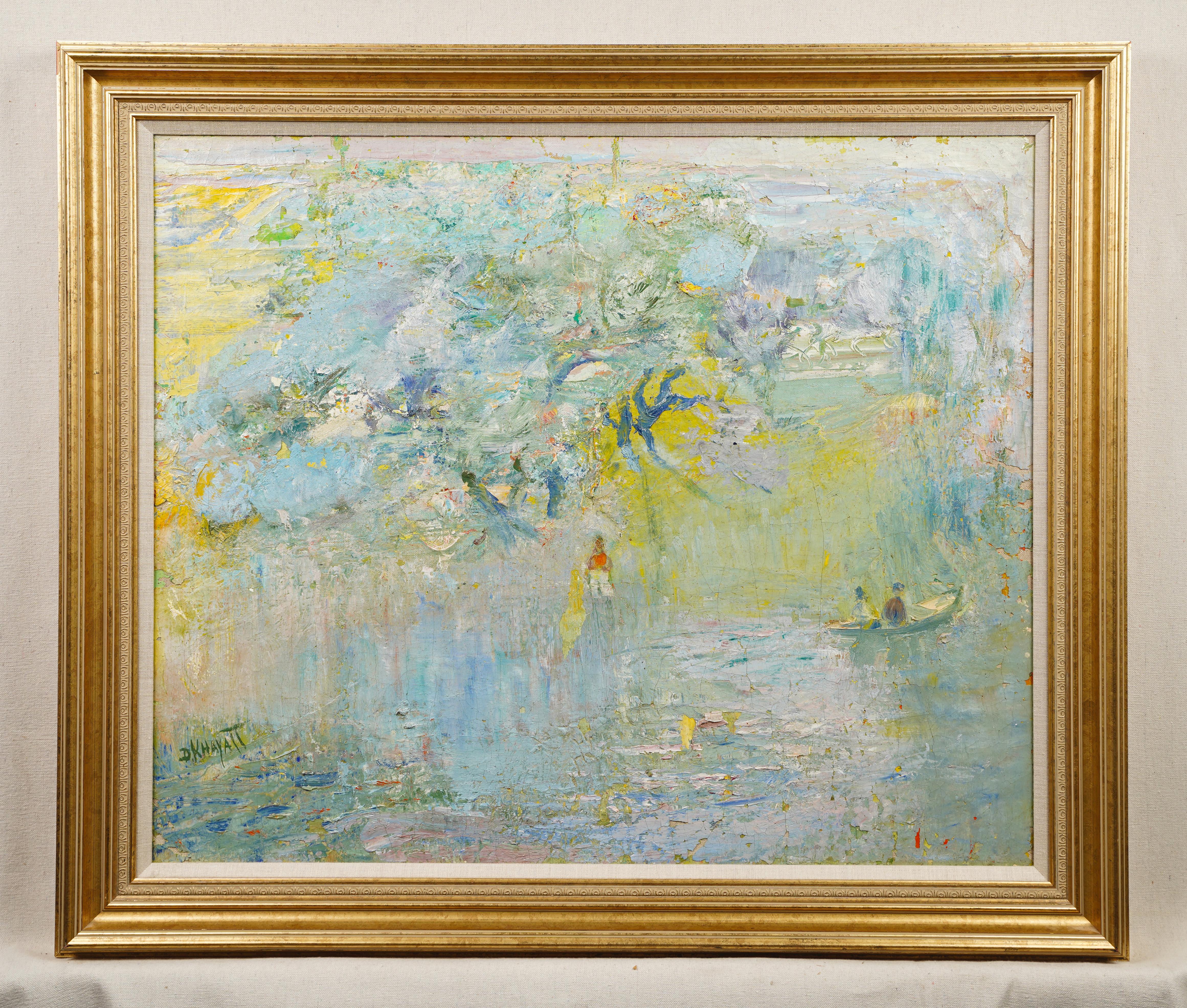 Antiguo paisaje impresionista egipcio firmado al óleo.  Óleo sobre lienzo.  Firmado.  Enmarcado.  Tamaño de la imagen, 30L x 25H.