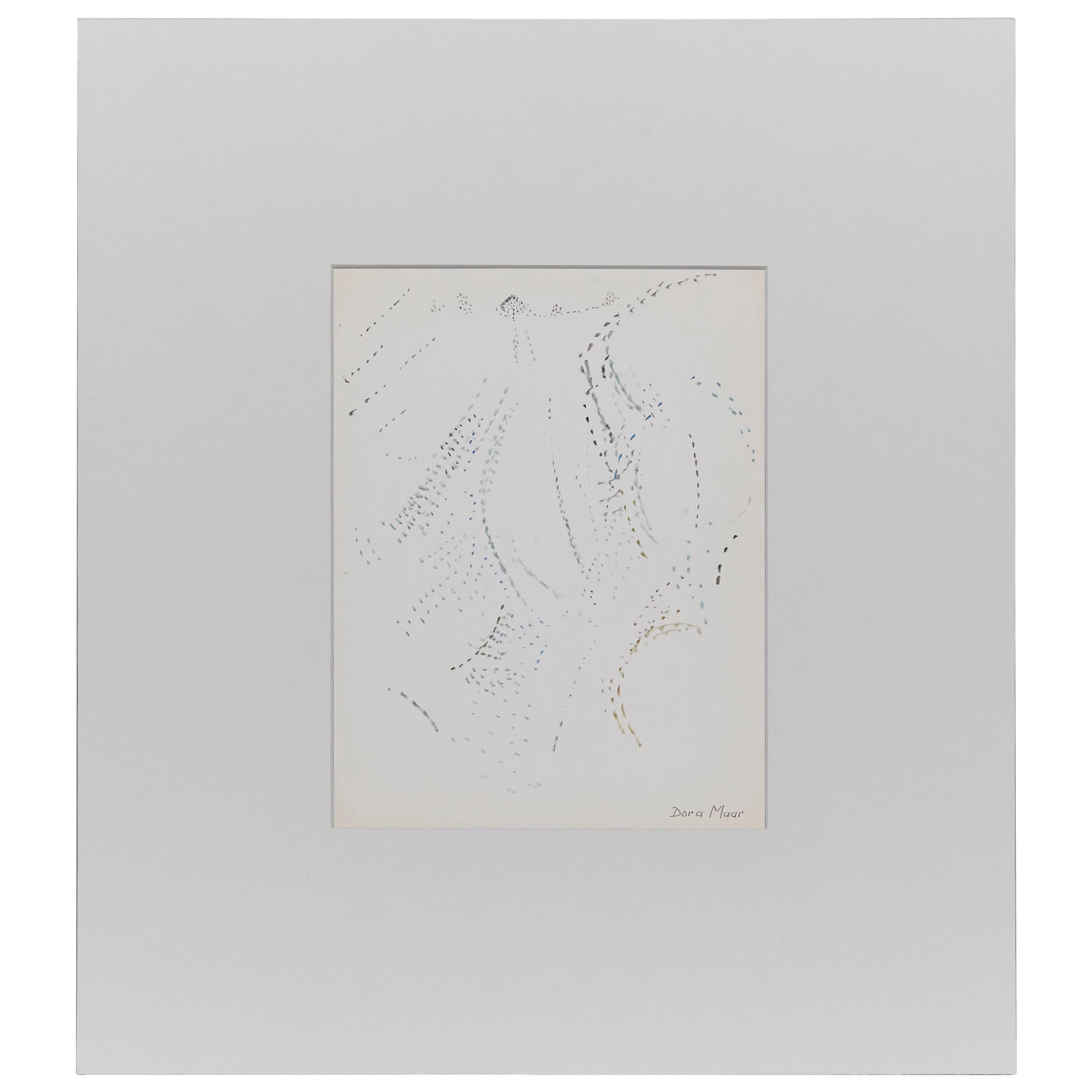 Pointillist composition by Dora Maar.
Signed in ink in the lower right corner.
Two faces drawing.

Authenticity stamp of the auction that took place in 1998 in Paris.
Black ink on cream white paper, 
20th century, undated.

In good original