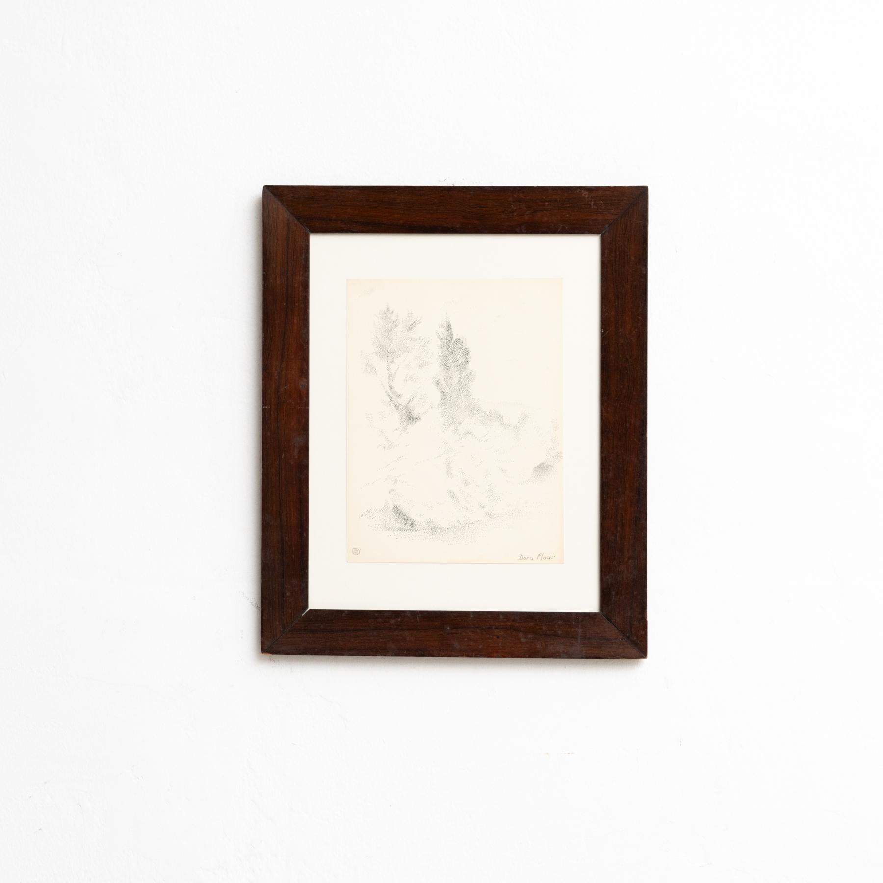 Pointillist composition by Dora Maar.
Signed in ink in the lower right corner.

Stamp of the auction that took place in 1998 in Paris.
Black ink on cream white paper.
20th century, undated.

In good original condition, with minor wear consistent