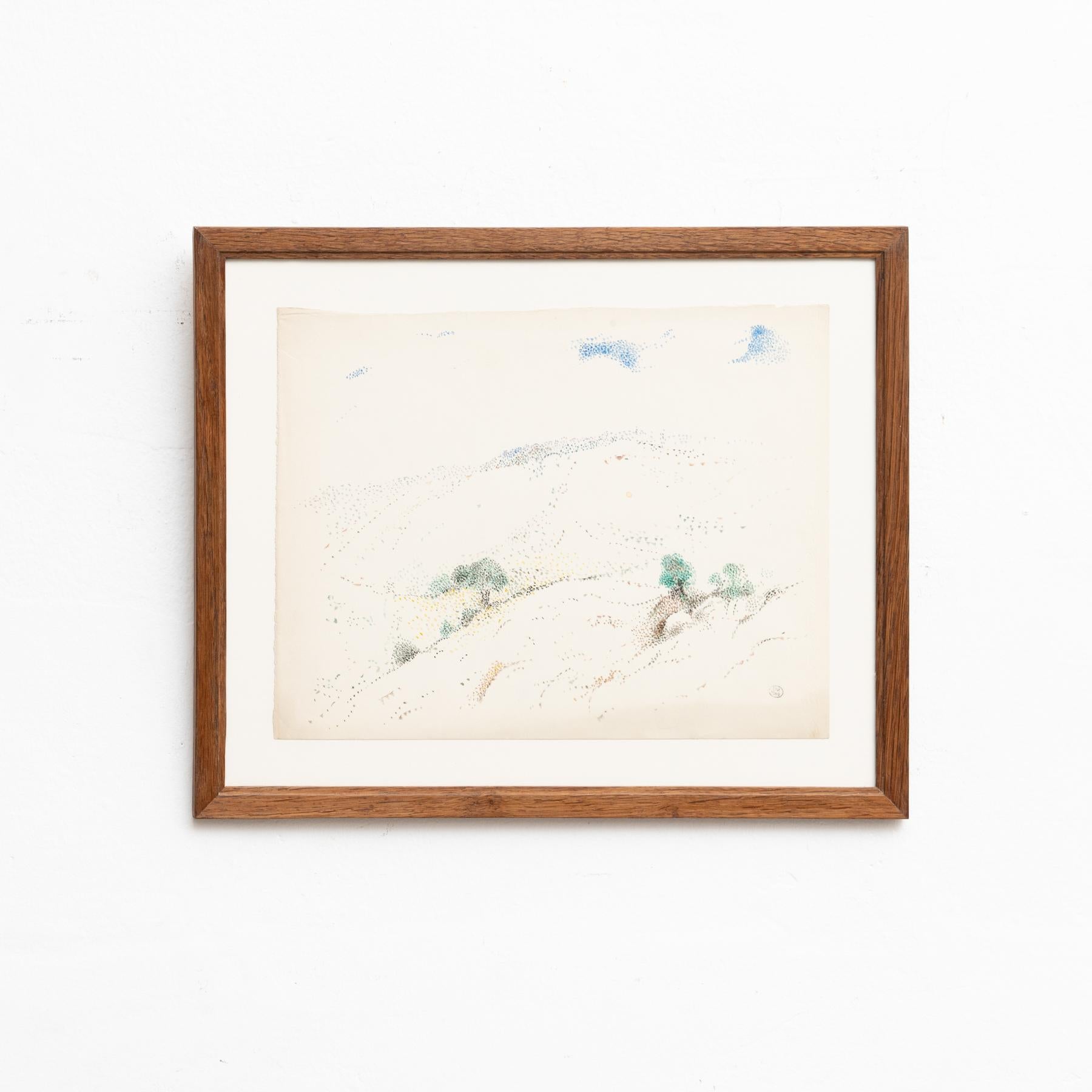 Pointillistische Farbzeichnung von Dora Maar.

Echtheitsstempel der Auktion, die 1998 in Paris stattfand.

Zeichnung auf cremeweißem Papier.

20. Jahrhundert, undatiert.

Gerahmt und signiert.

In gutem Originalzustand mit geringen alters-