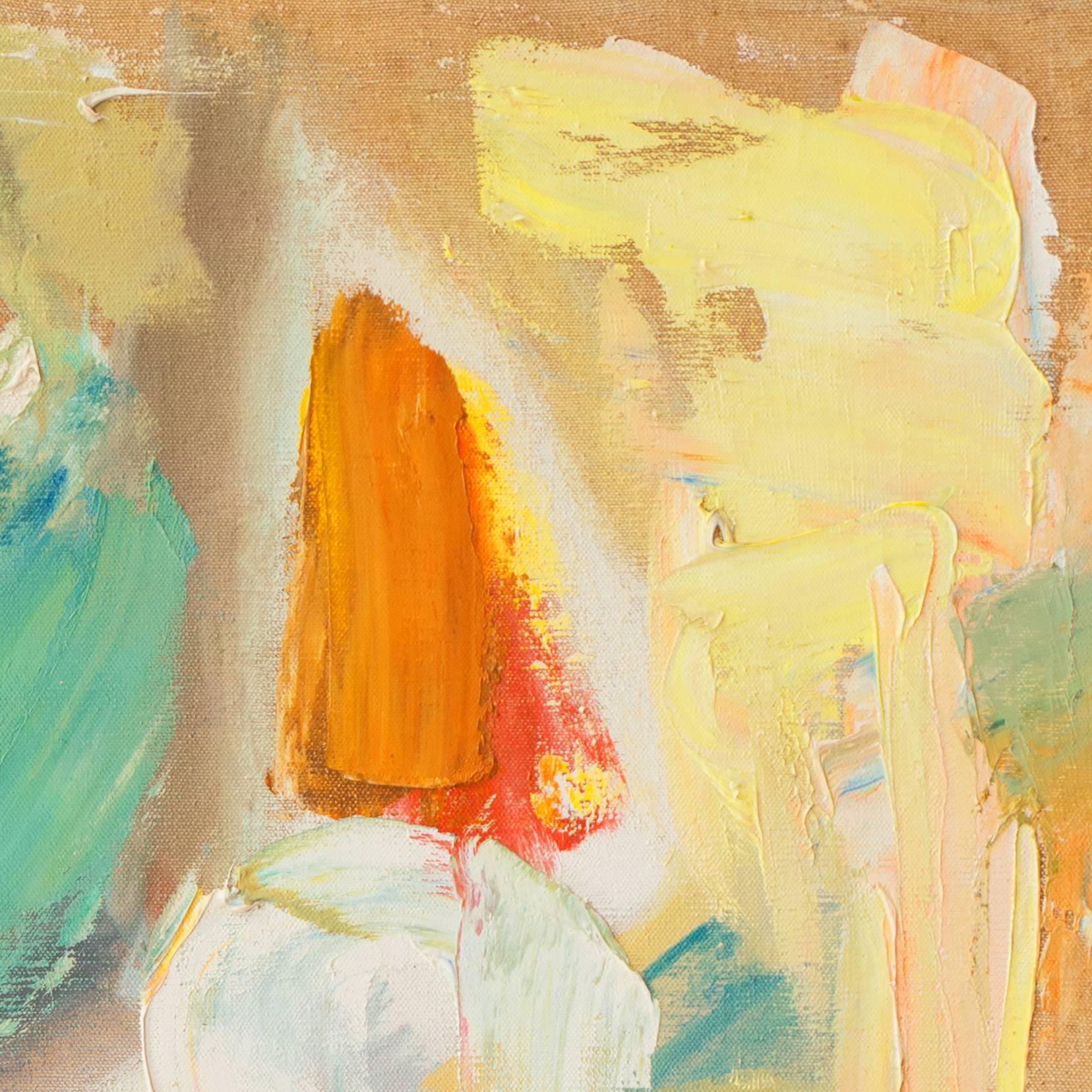 Stamped, verso, on canvas with certification of authenticity for Dora Masters (American, 1916-2003), bearing stamped wax seal and painted circa 1955. 
Provenance: Acquired from the artist's son.

A substantial, mid-century abstract oil comprising