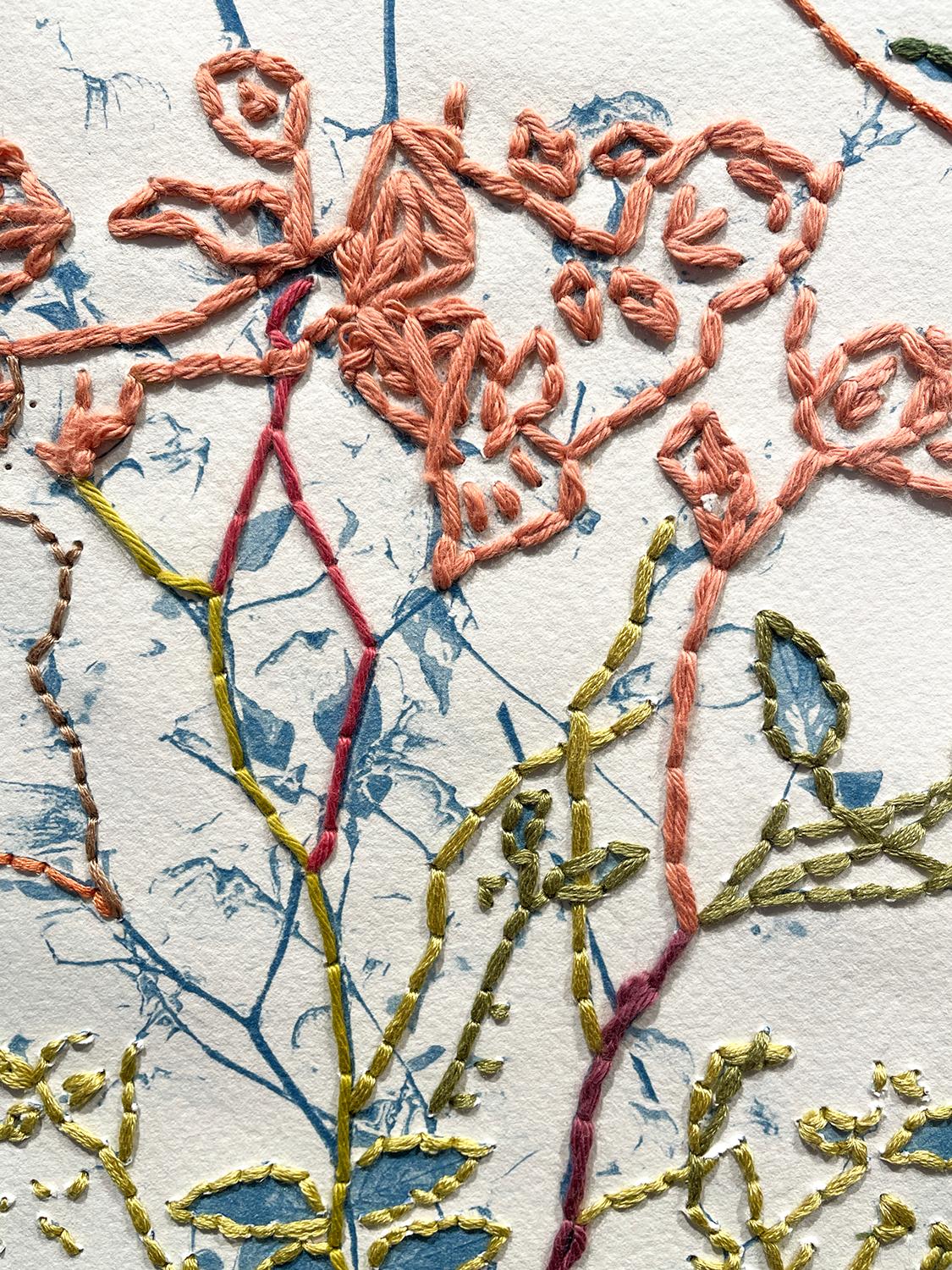 Mending (Embroidered Cyanotype Print of Tree Branches & Flora by Dora Somosi) 2