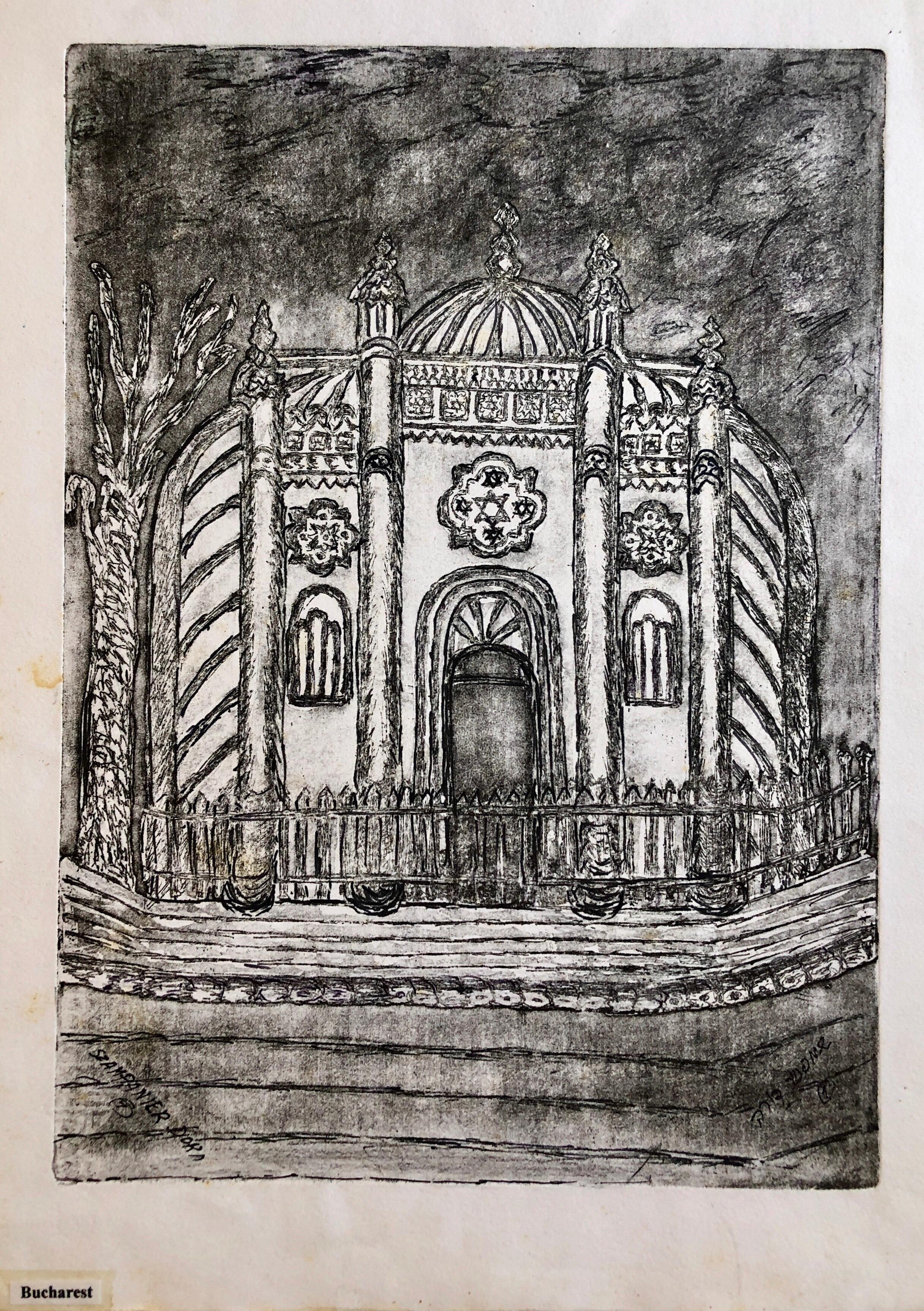 Bucharest Romania Jewish Memorial Etching Destroyed Synagogue Folk Art Judaica - Print by Dora Szampanier