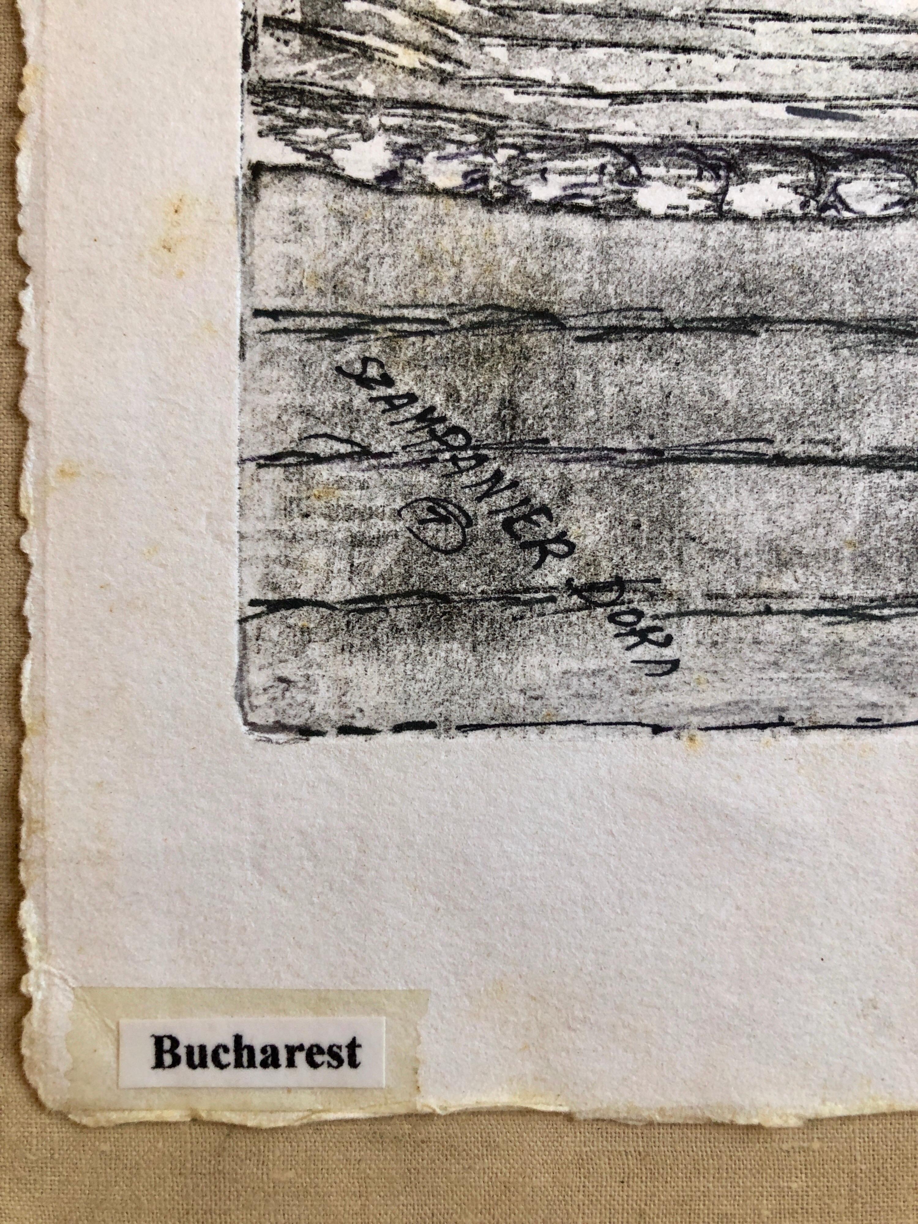 Bucarest Rumanía Memorial Judío Grabado Sinagoga Destruida Arte Popular Judaica - Print Arte popular de Dora Szampanier