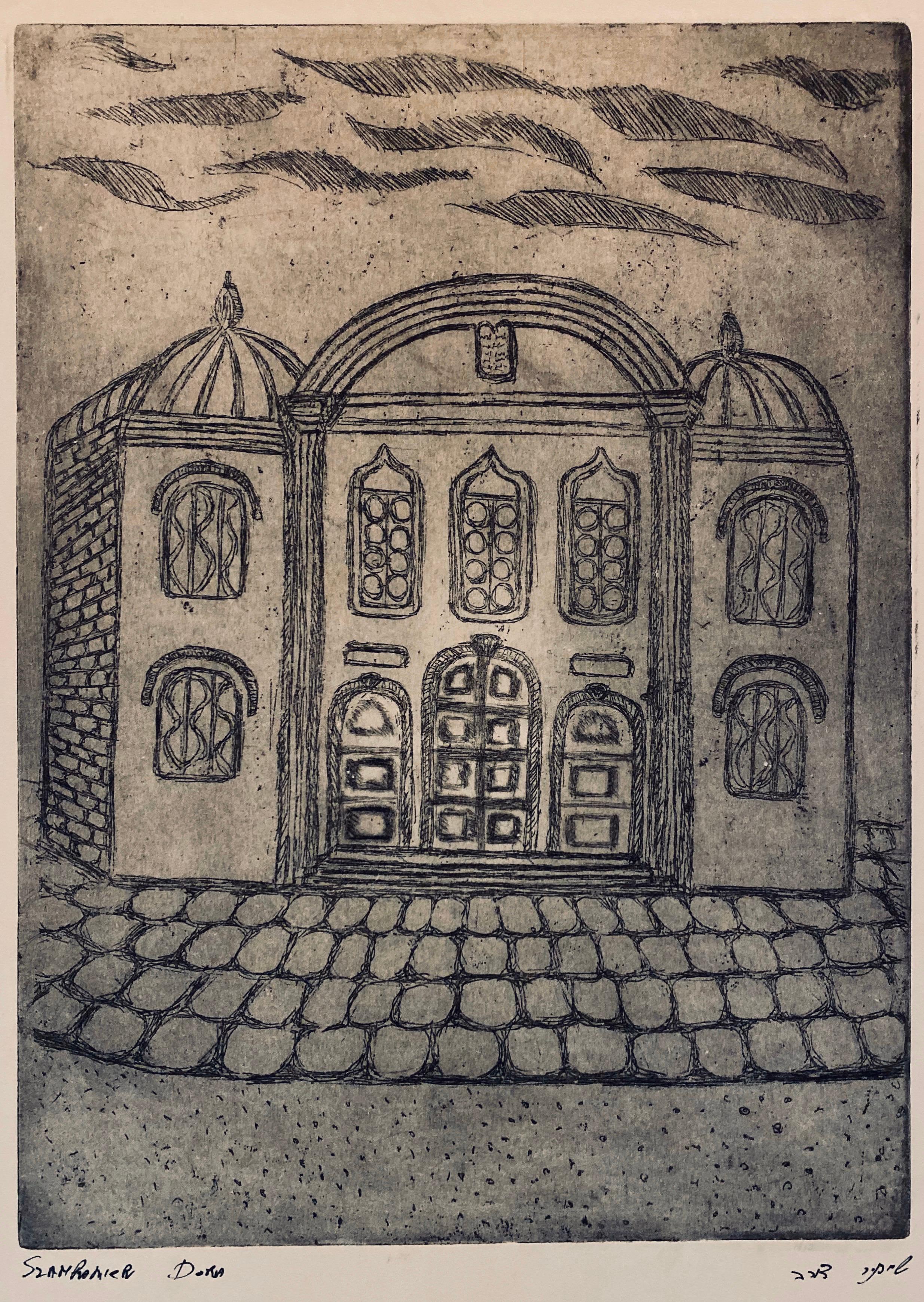 Figurative Print de Dora Szampanier - Grabado de sinagoga destruida - Bialistok, Polonia