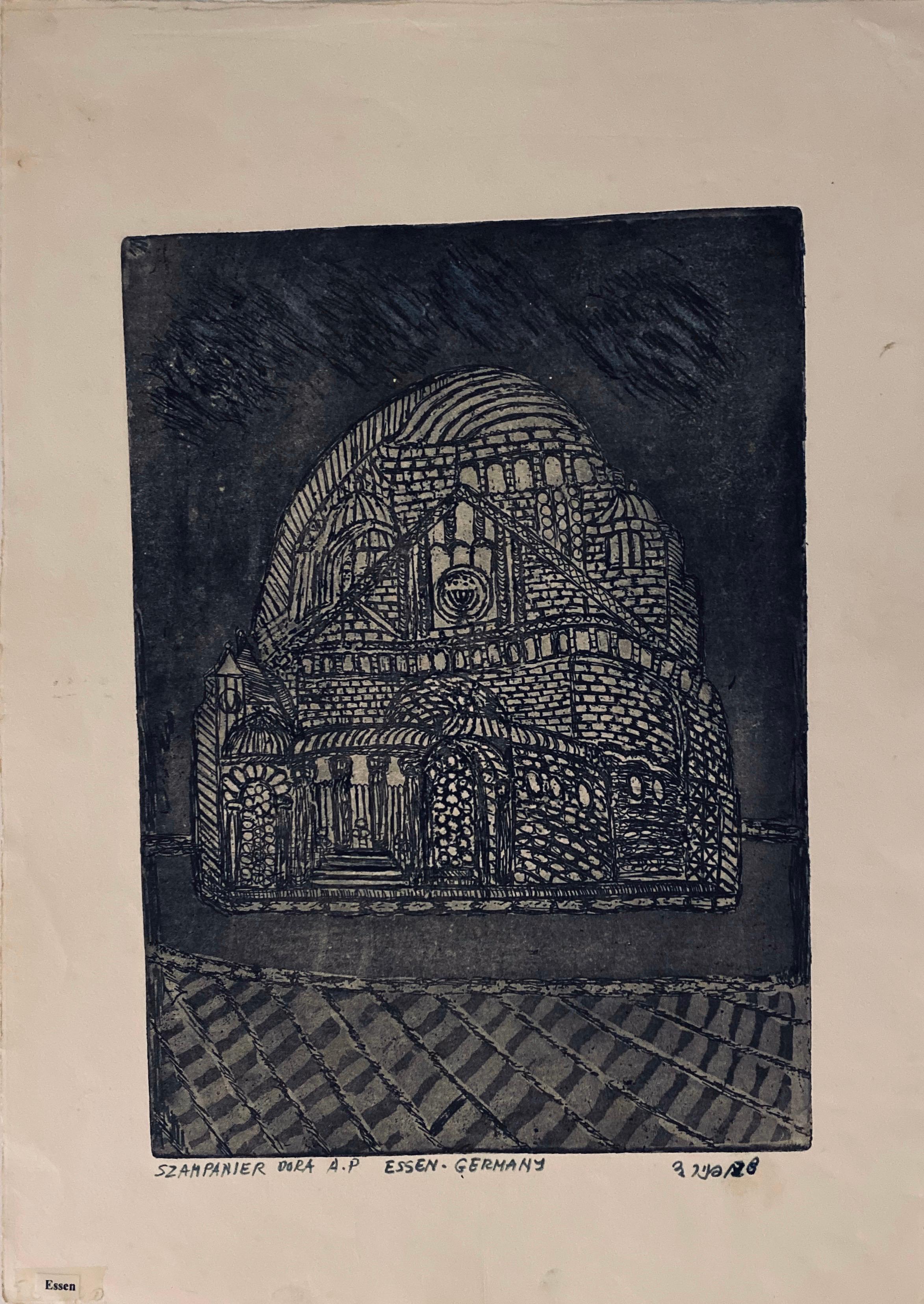 Grabado de sinagoga destruida - Essen, Alemania - Print de Dora Szampanier