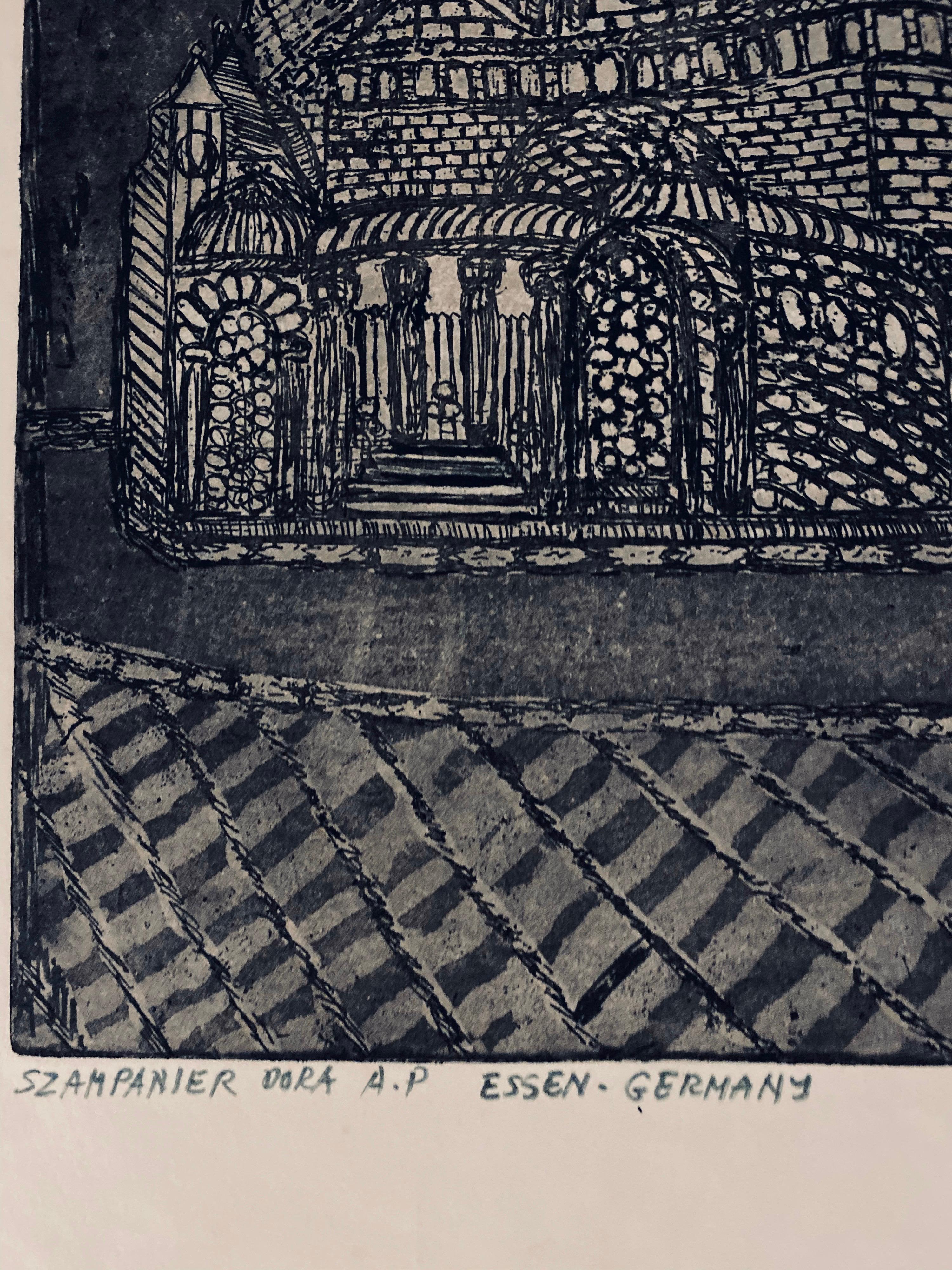 Grabado de sinagoga destruida - Essen, Alemania - Print Arte popular de Dora Szampanier