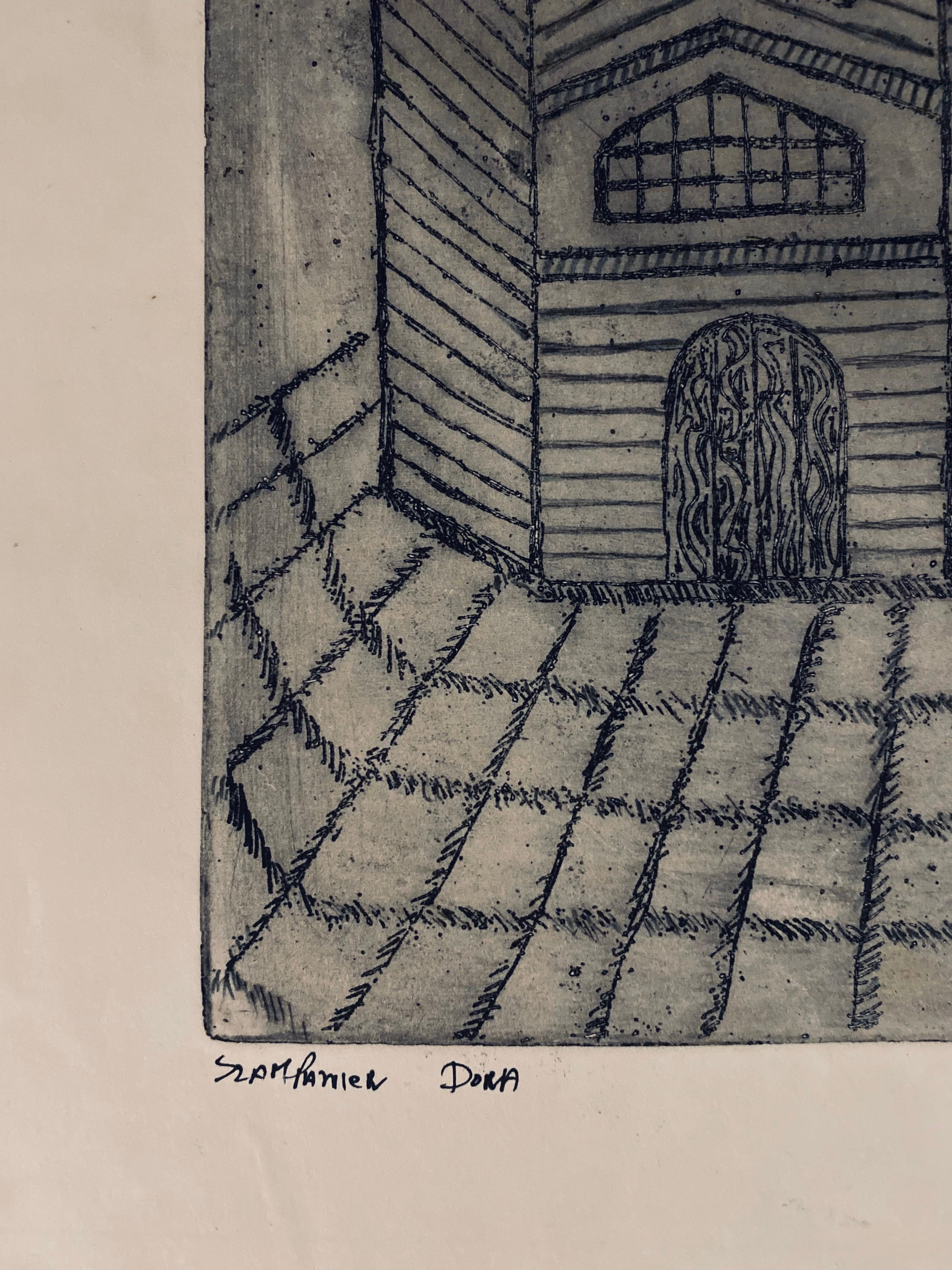 Grabado de sinagoga destruida - Grodno, Bielorrusia - Print Arte popular de Dora Szampanier