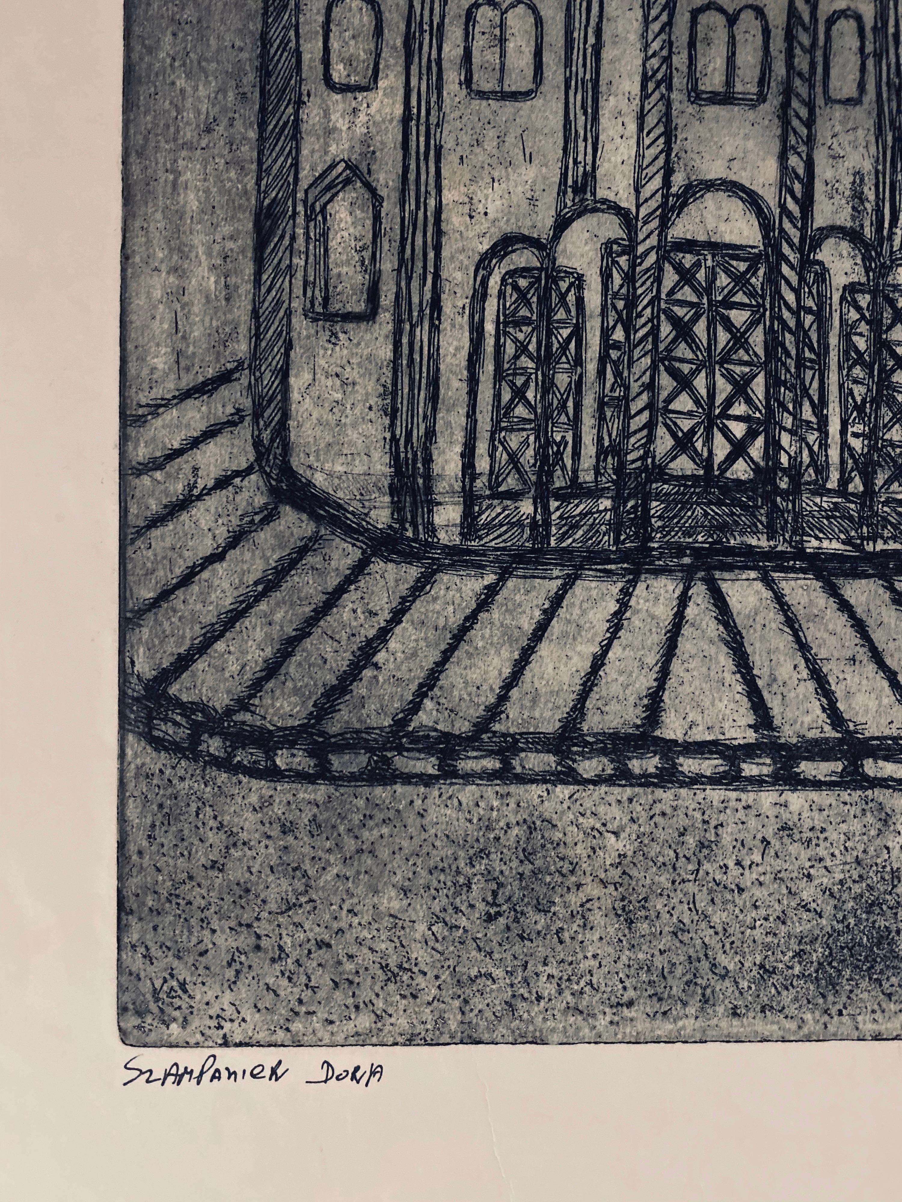 Grabado de sinagoga destruida - Kovel, Ucrania - Print Arte popular de Dora Szampanier