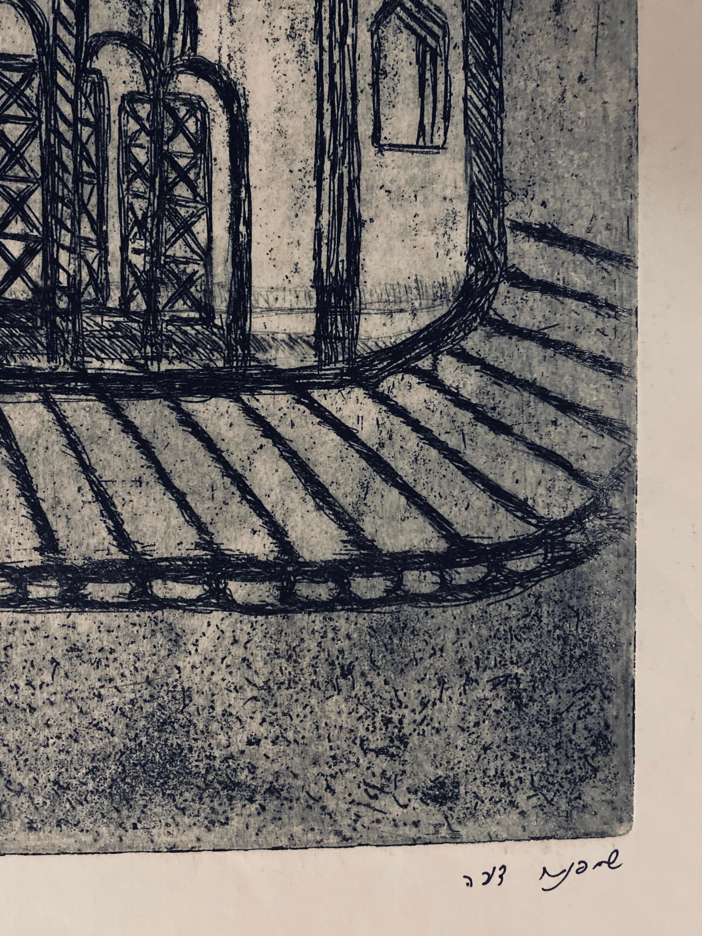 Grabado de sinagoga destruida - Kovel, Ucrania - Landscape Print Gris de Dora Szampanier