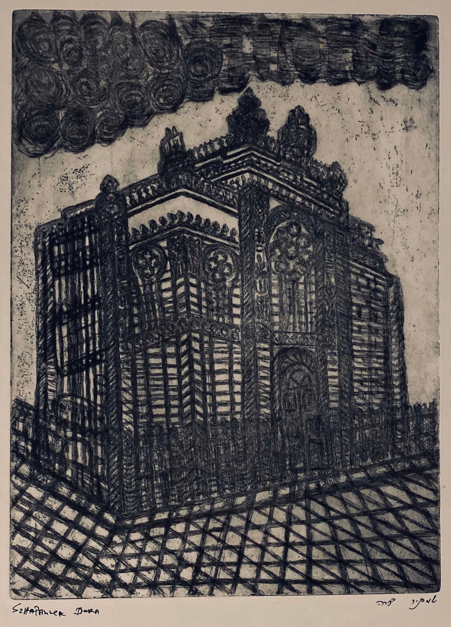 Grabado de sinagoga destruida - Lodz, Polonia - Print de Dora Szampanier