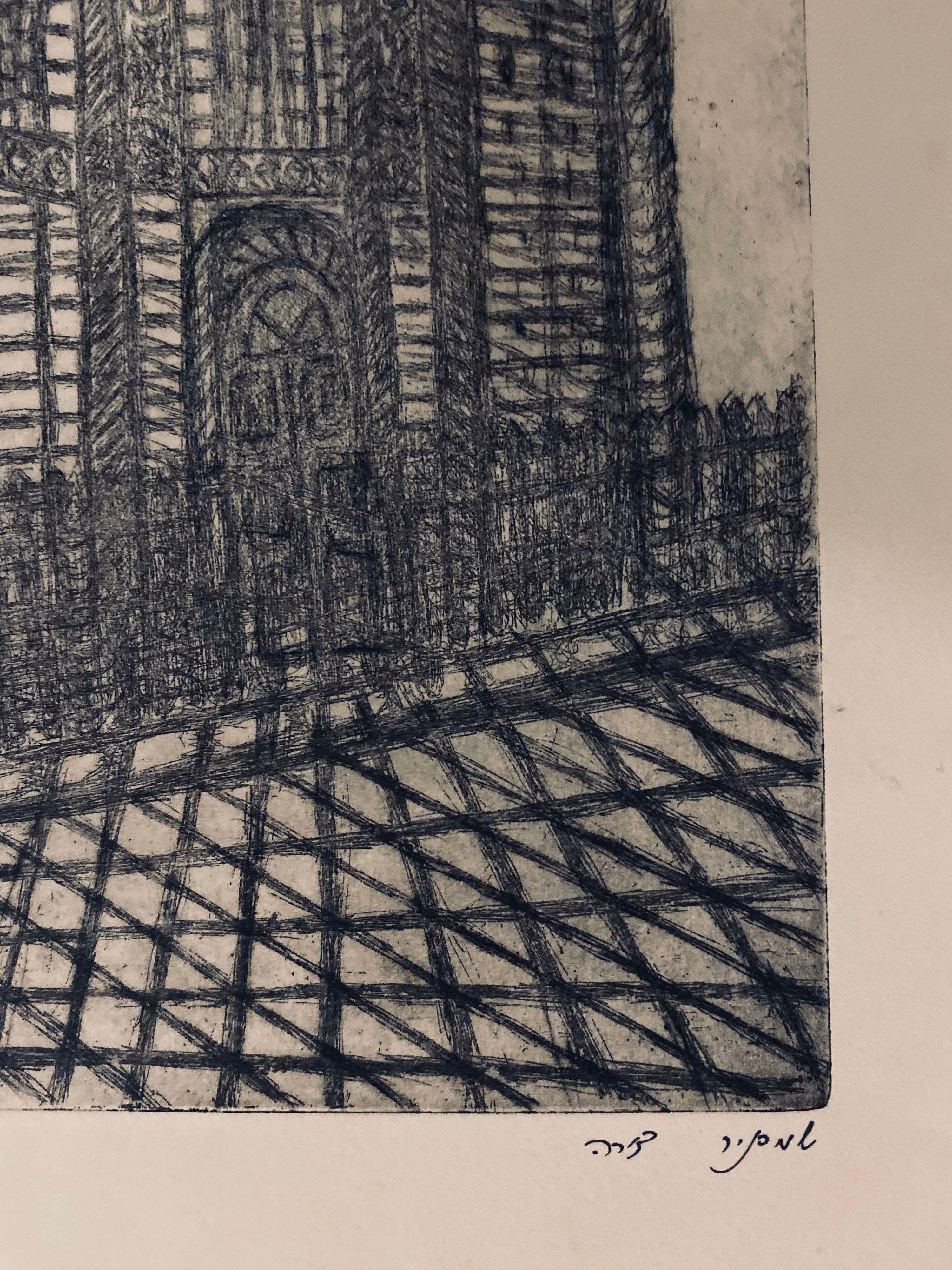 Grabado de sinagoga destruida - Lodz, Polonia - Figurative Print Marrón de Dora Szampanier