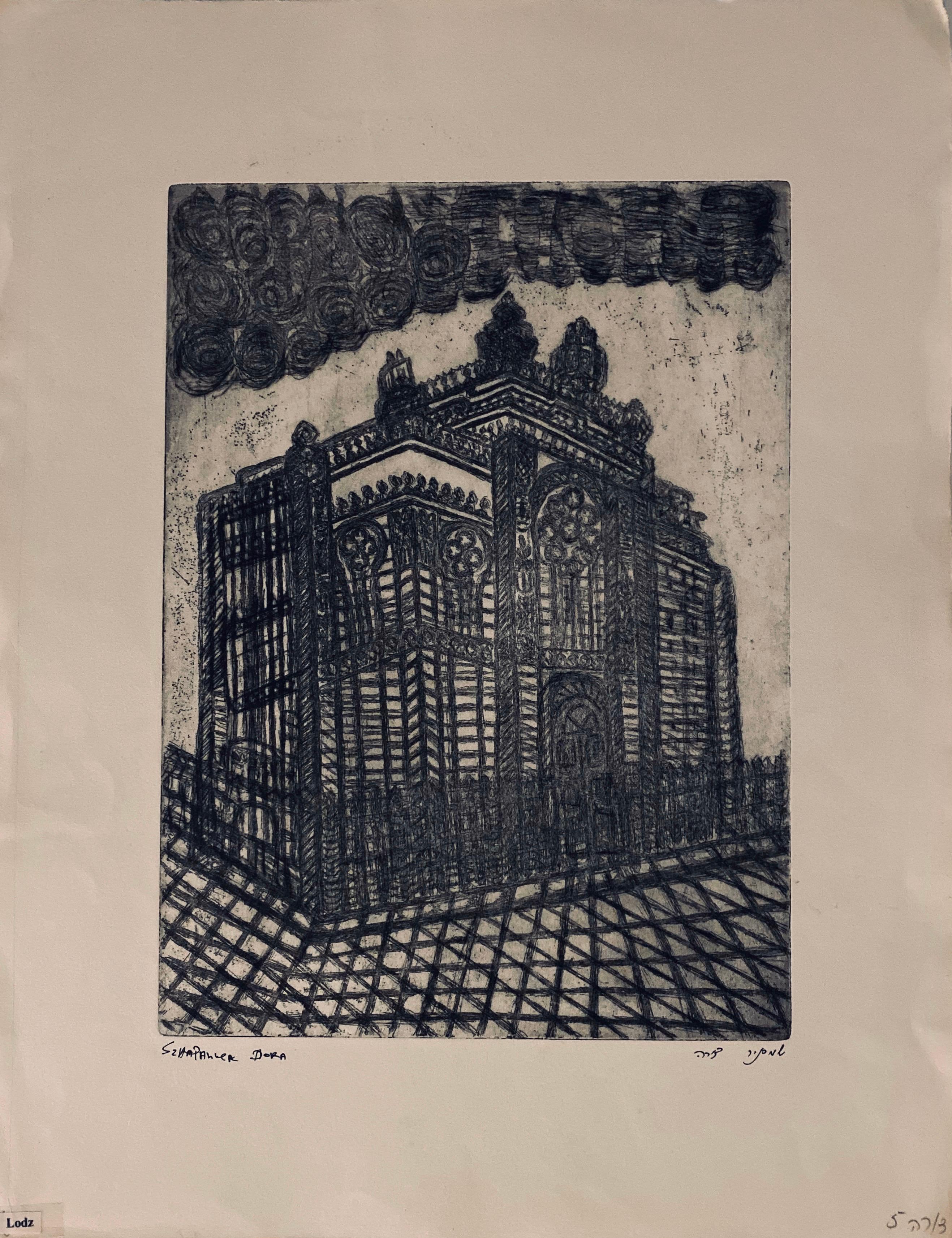 Grabado de sinagoga destruida - Lodz, Polonia