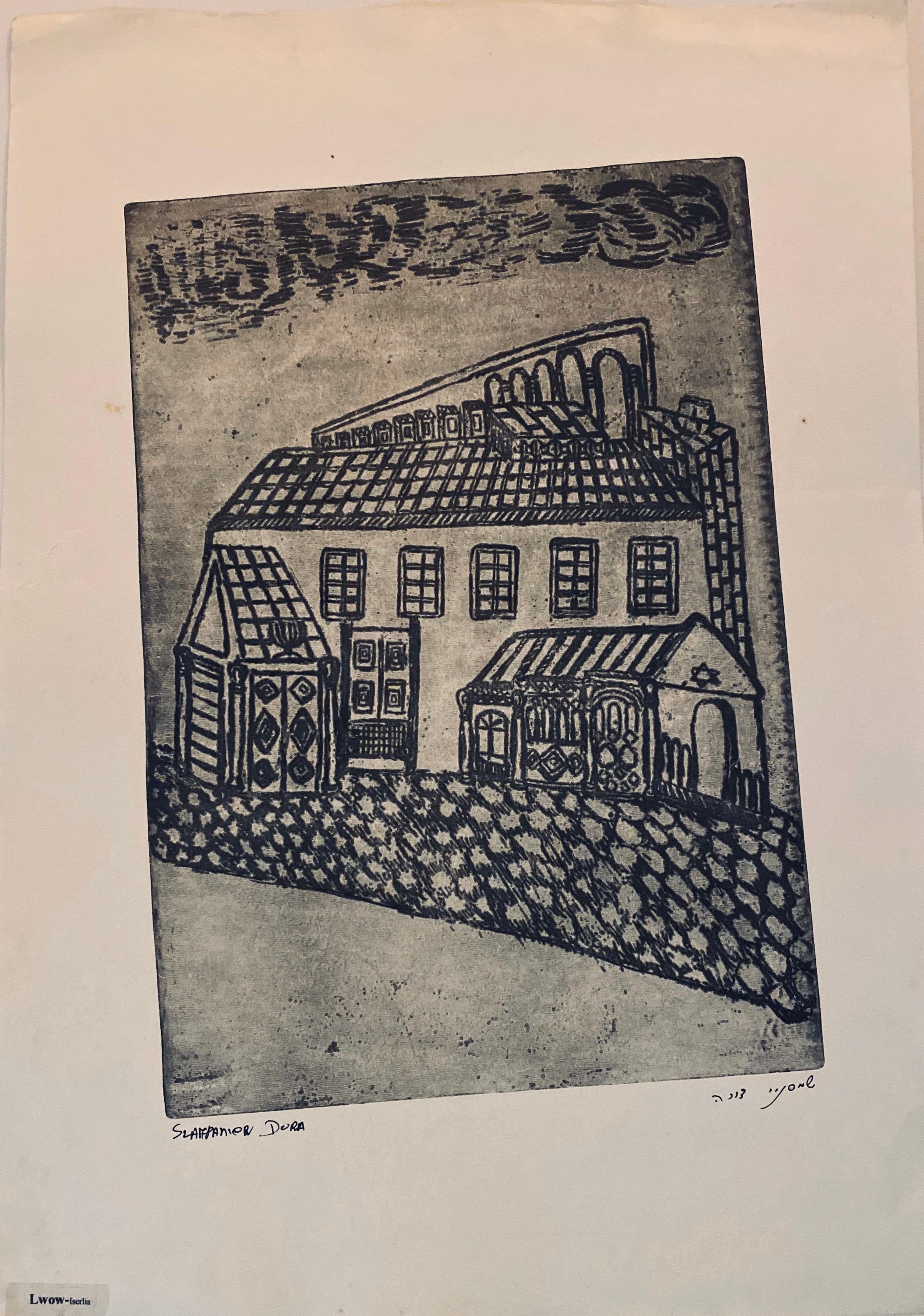 Grabado de sinagoga destruida - Lwow, Polonia - Print de Dora Szampanier