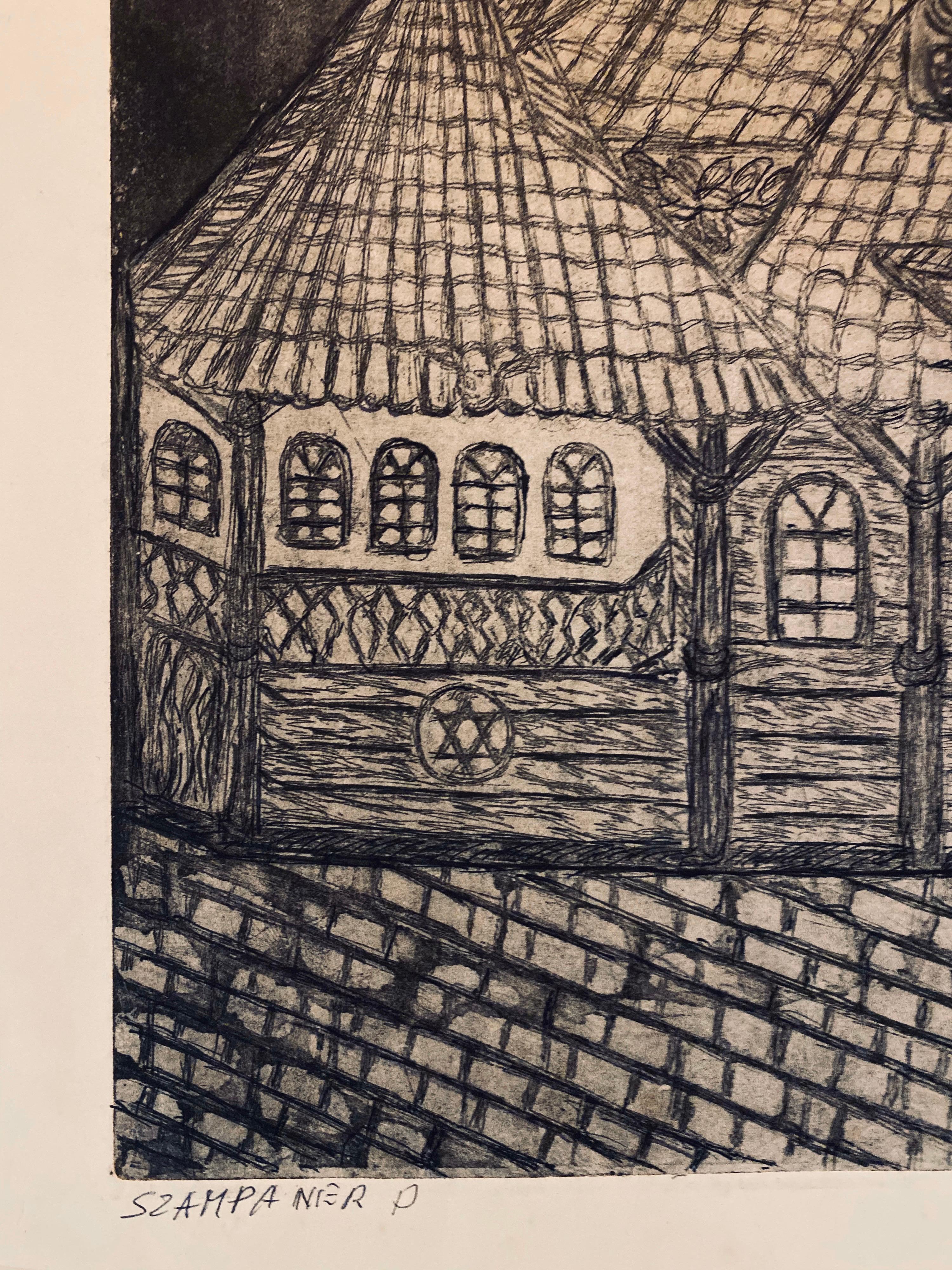 Etching of destroyed synagogue - Przedborz, Poland - Folk Art Print by Dora Szampanier