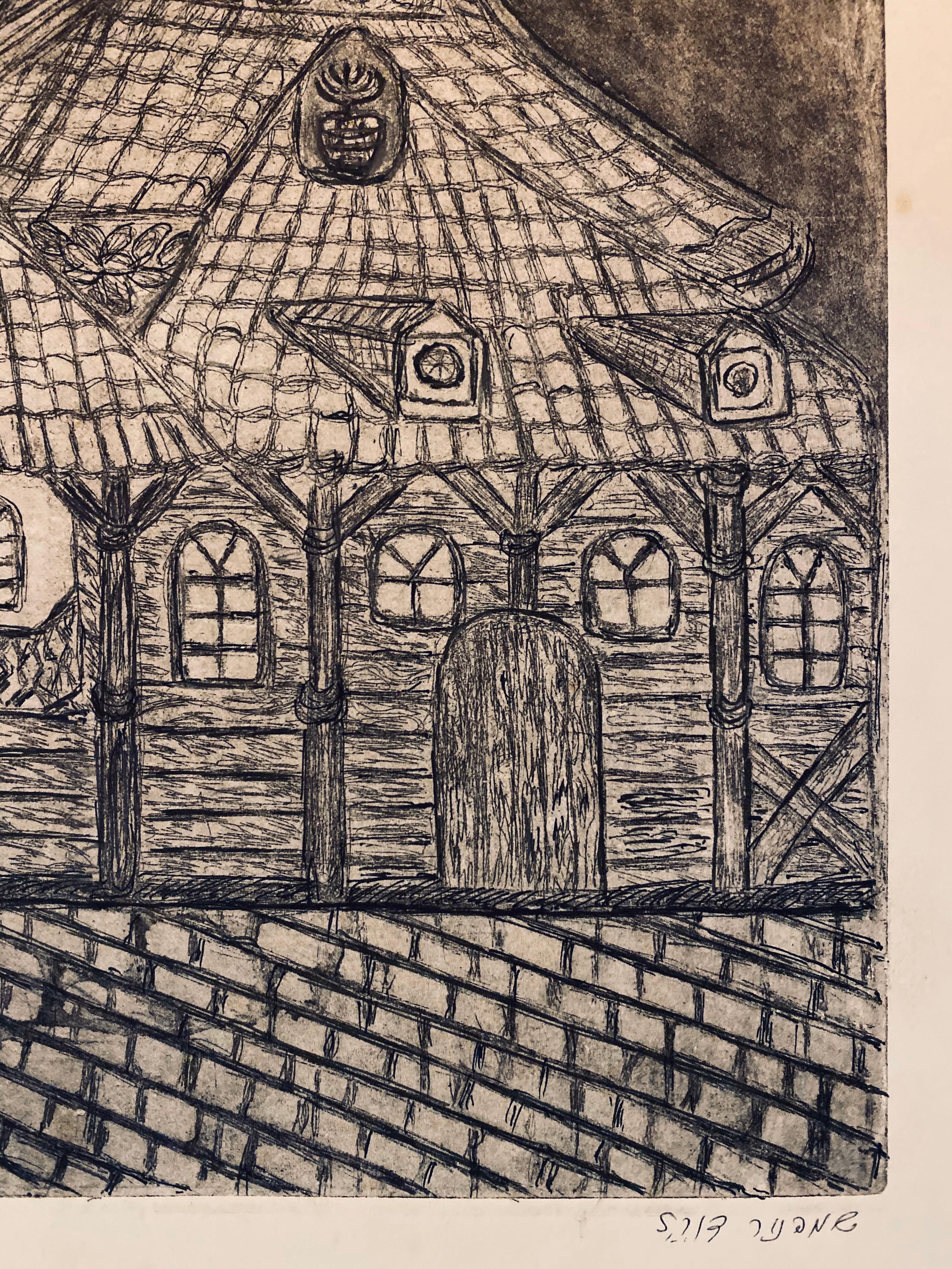 Etching of destroyed synagogue - Przedborz, Poland - Beige Landscape Print by Dora Szampanier