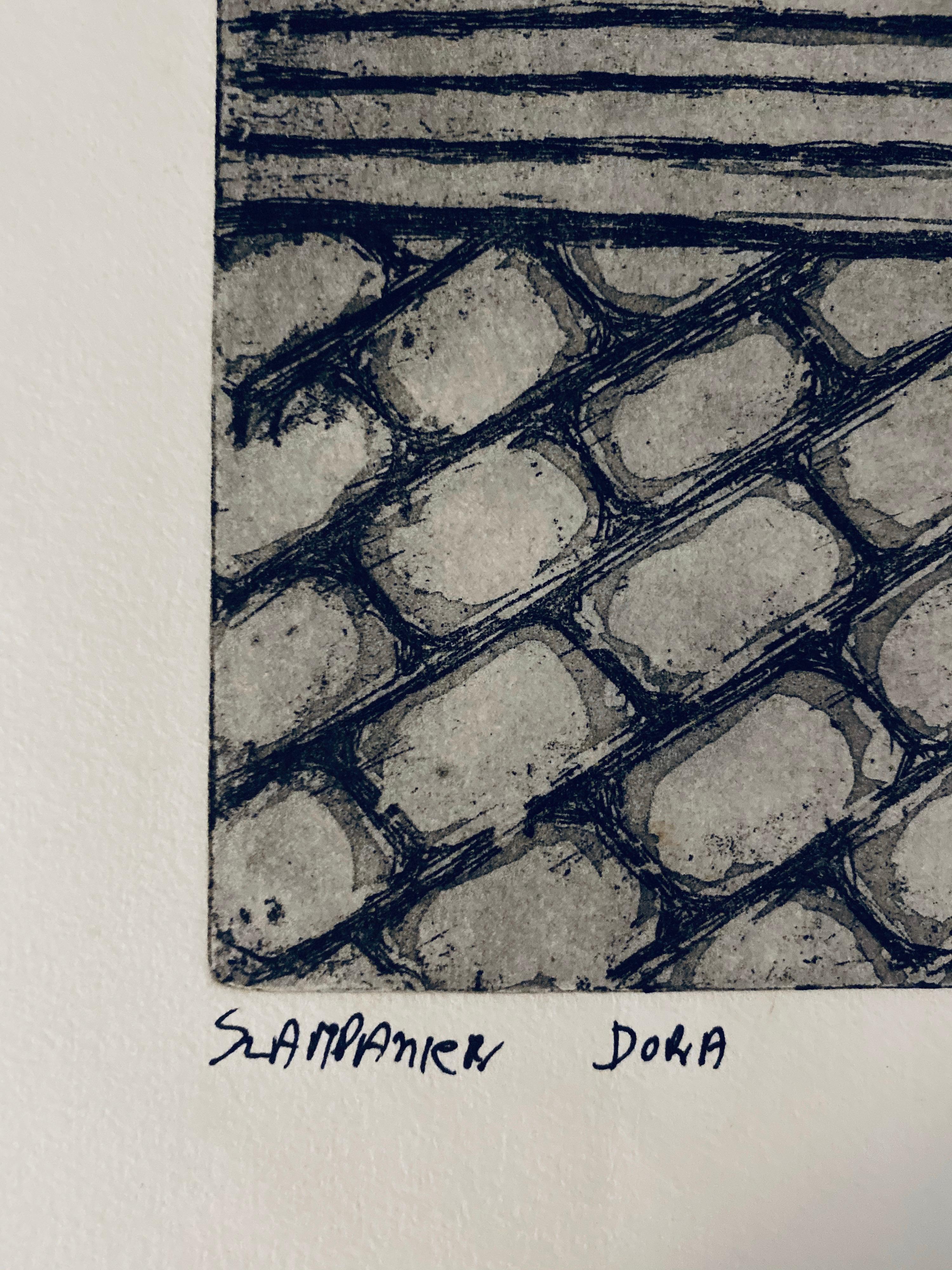 Grabado de la sinagoga destruida - Slonim, Bielorrusia - Landscape Print Gris de Dora Szampanier