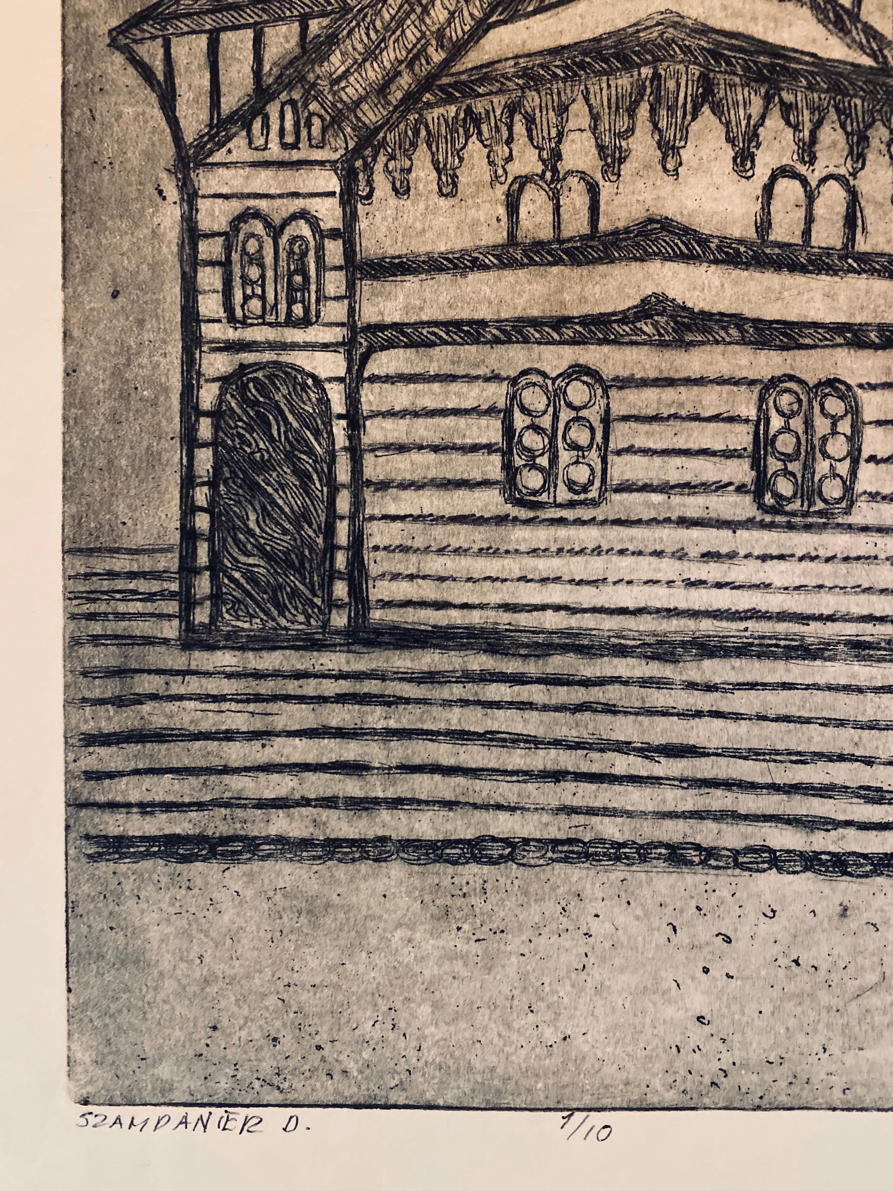 Grabado de sinagoga destruida - Volpa, Bielorrusia - Print Arte popular de Dora Szampanier