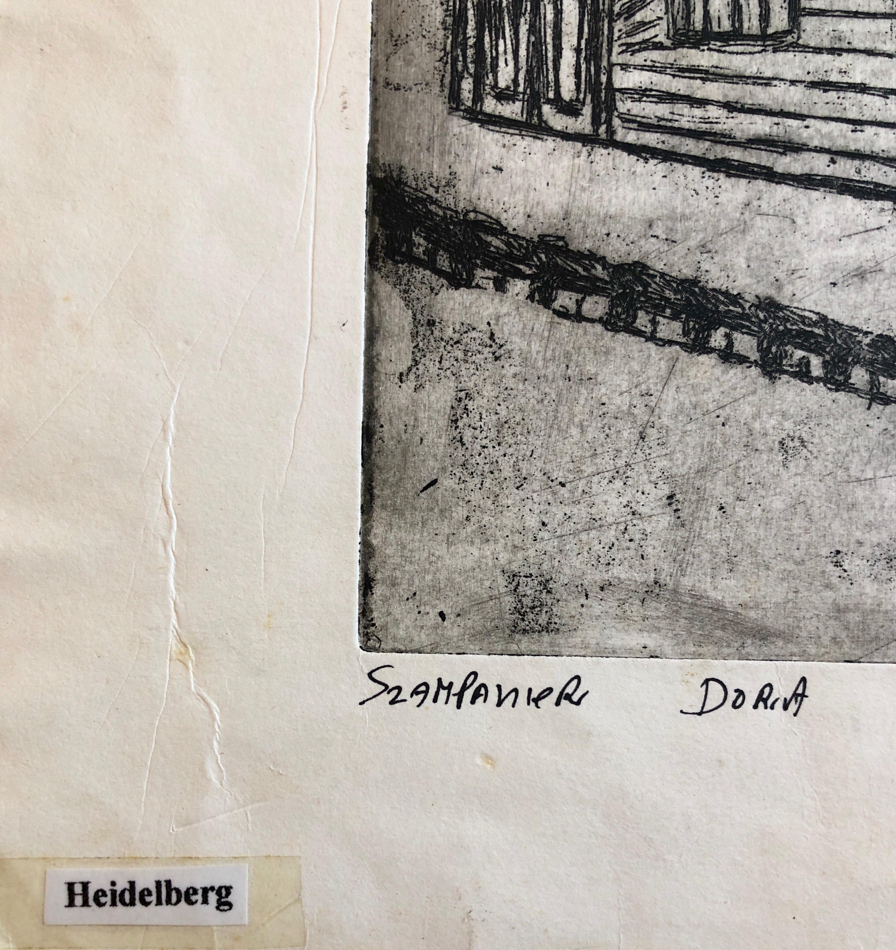 Heidelberg, Allemagne, gravure commémorative juive détruite Synagogue Folk Art judaïque - Artisanat Print par Dora Szampanier