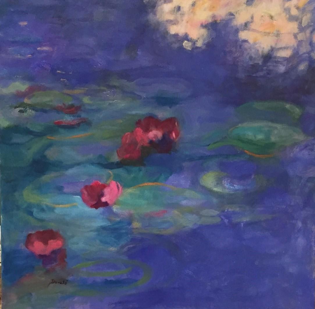 Dorate Muller Abstract Painting - Waterlilies on Blue Water 30 x 30