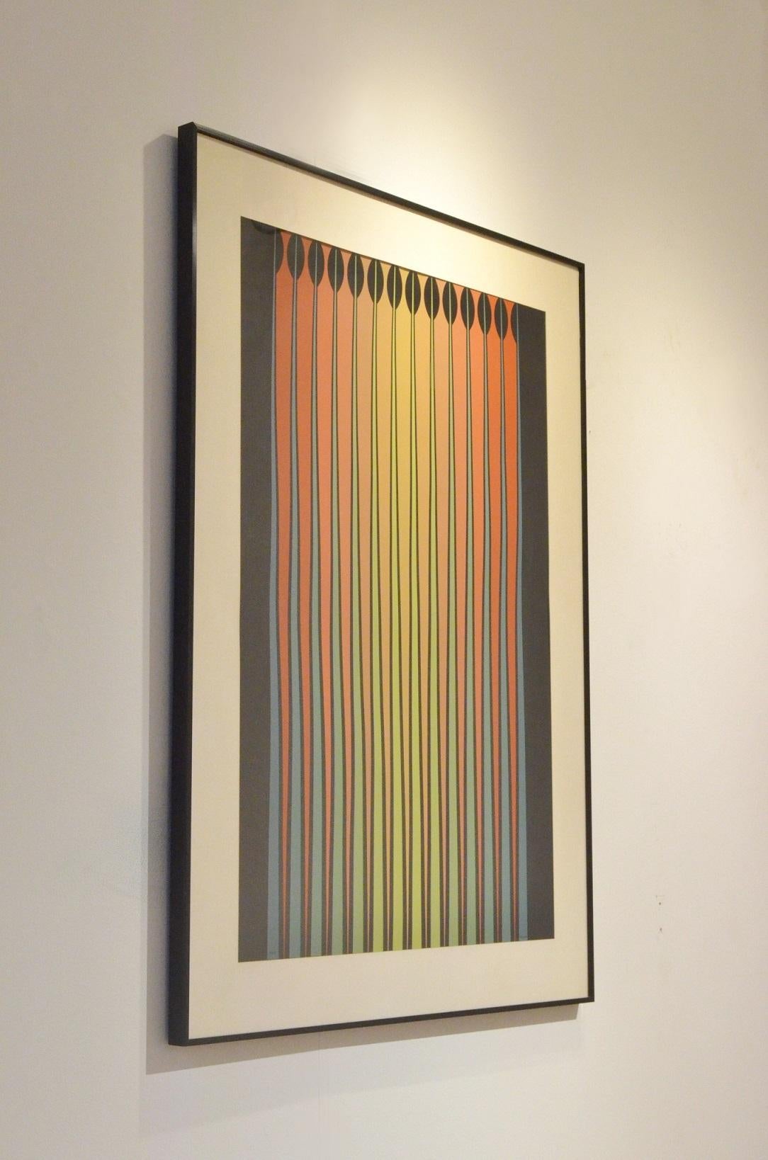 Framed Op Art painting by famous Yugoslavian pop and optical artist Dordevic Miodrag (B. 1936). Oil on Paper. Signed on bottom right.