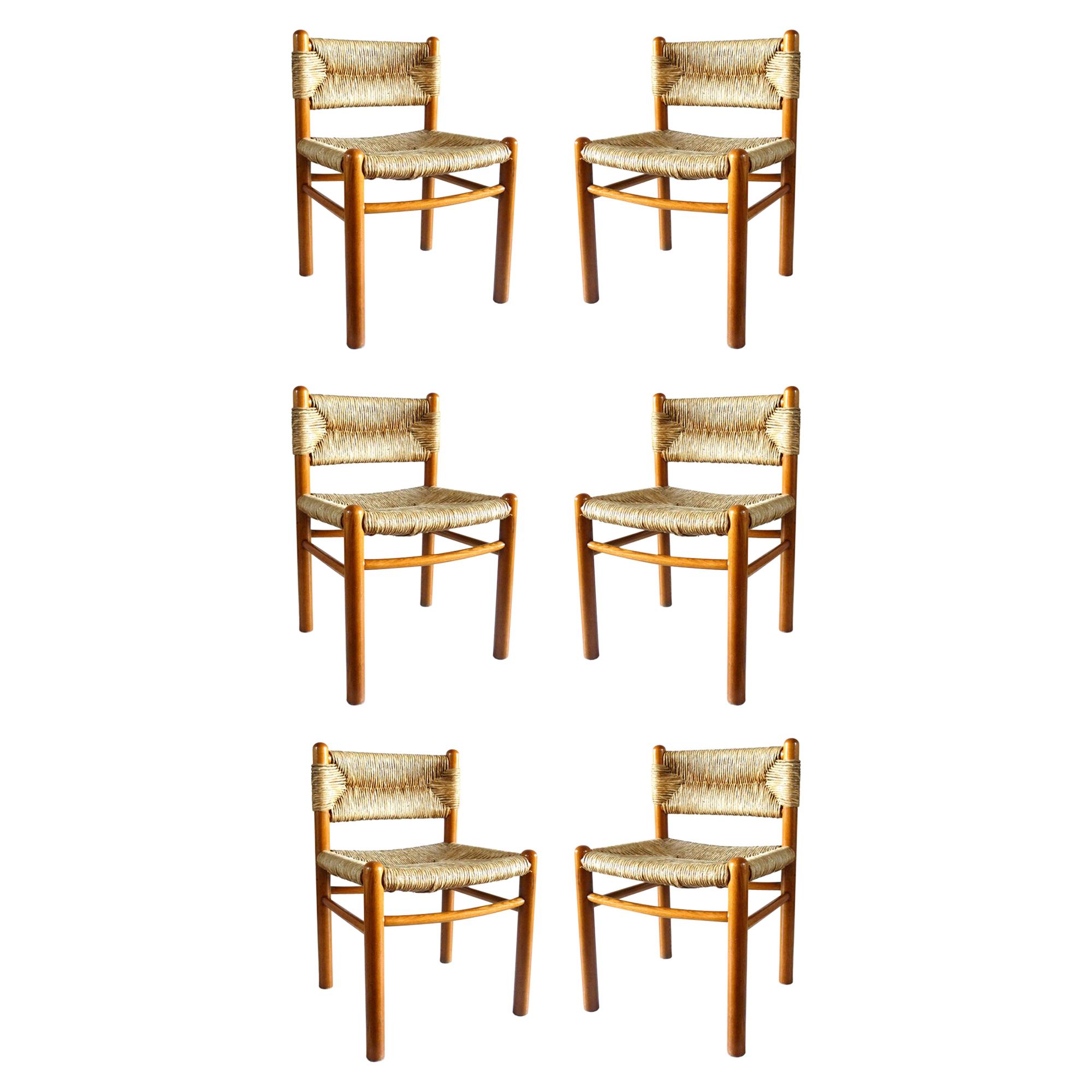 "Dordogne" style of Charlotte Perriand by Robert Sentou 1960 Wicker Six Chairs