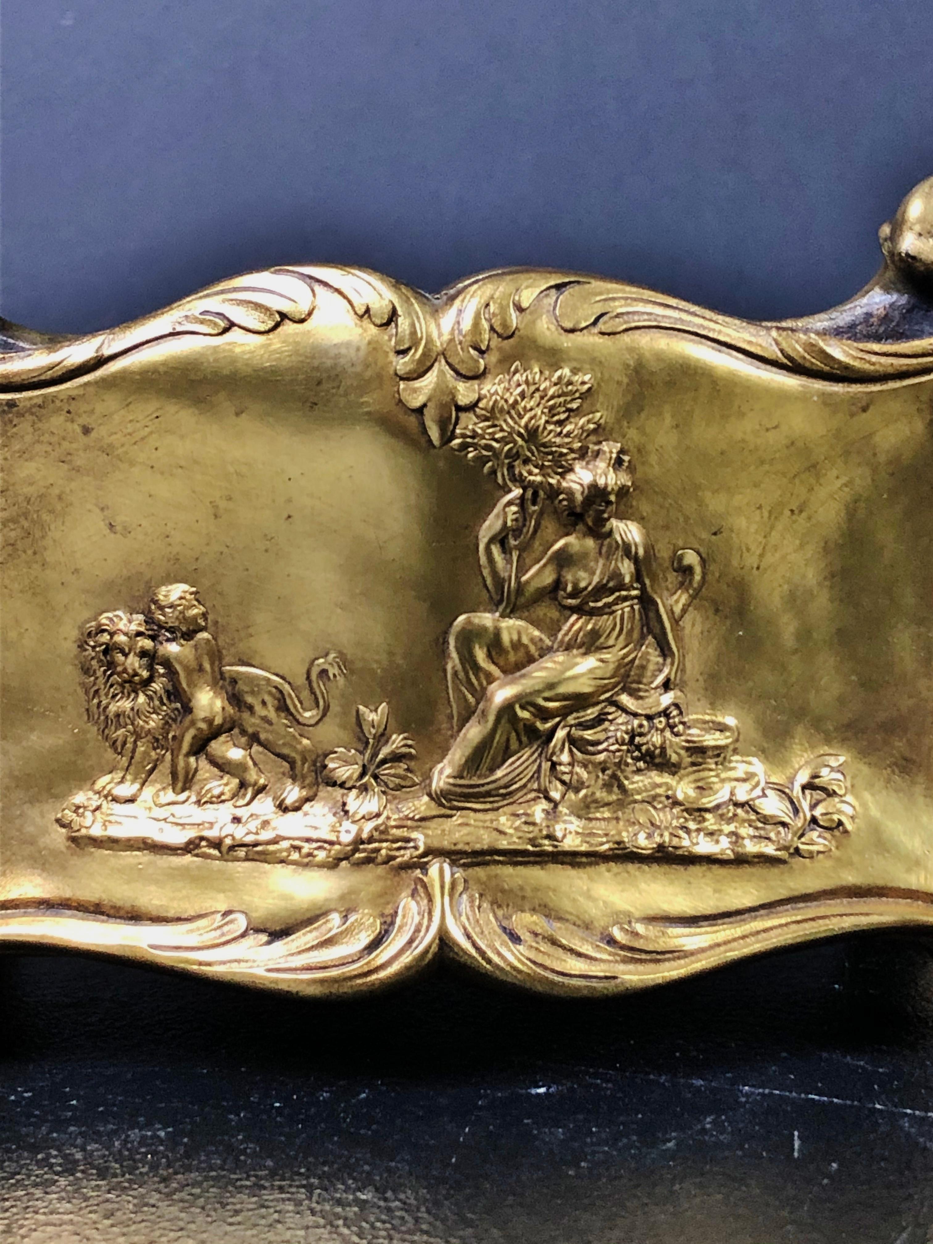 French 19th century gilt bronze cachepot planter. Louis XV style with figural panels with women and putti. Lion and eagle. Venus in shell being pulled by Dolphin.