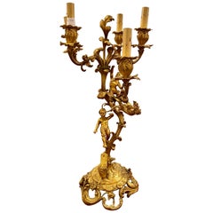 Vintage Doré Bronze Candelabra Electrified Table Lamp with Cherubs and Climbing Monkey