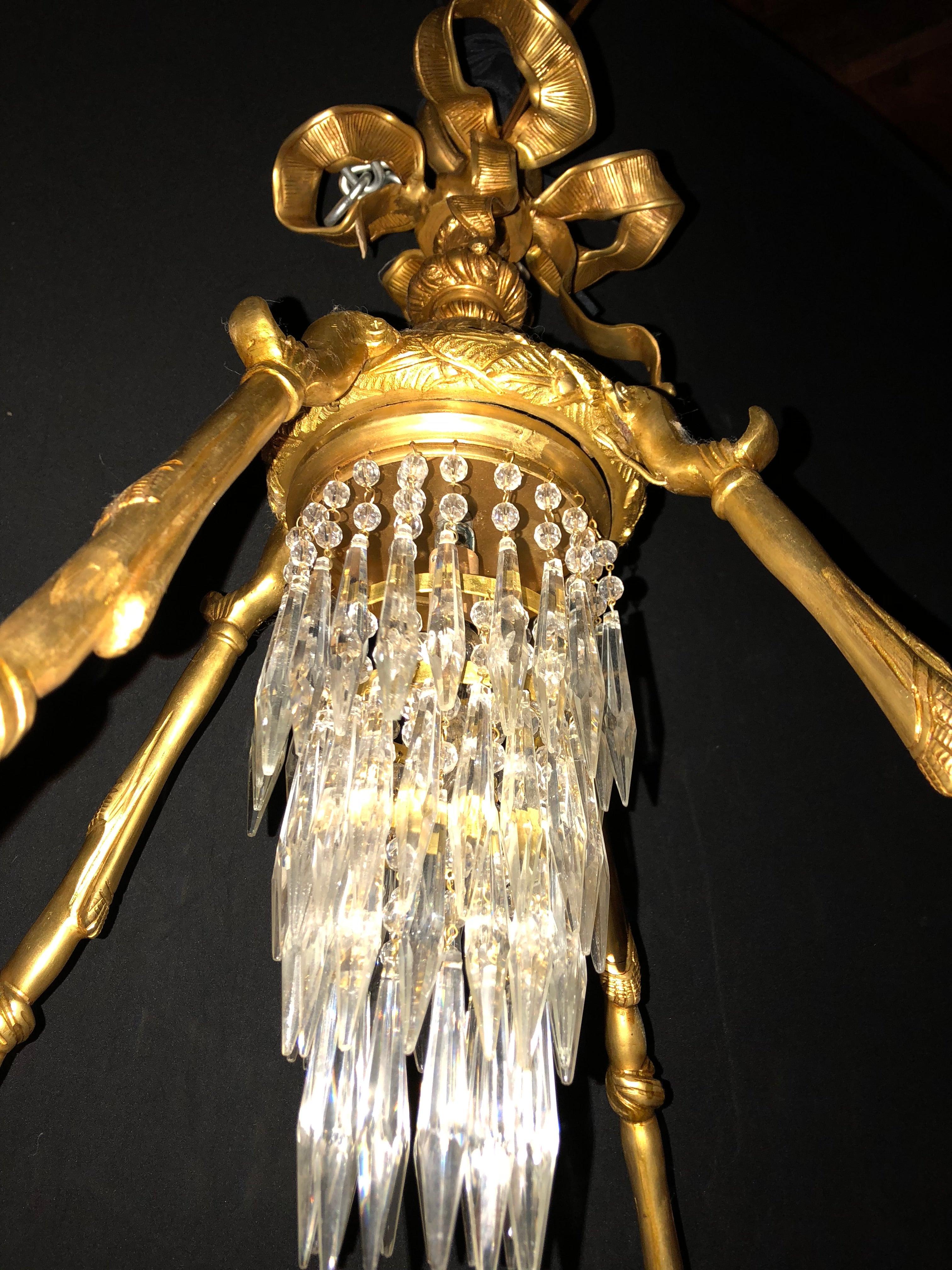 Doré Bronze Louis XVI Style Crystal Ribbon Tassel Drapery Chandelier For Sale 2