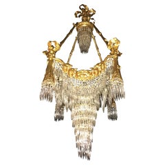 Doré Bronze Louis XVI Style Crystal Ribbon Tassel Drapery Chandelier