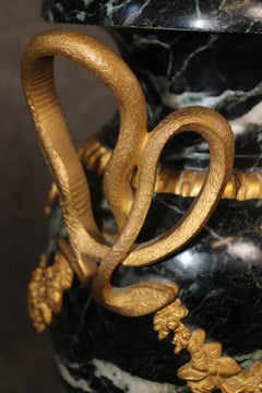 Dore' Bronze Mounted French Empire Verdi Marble Cassolettes with Serpents
