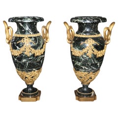 Dore' Bronze Mounted French Empire Verdi Marble Cassolettes with Serpents