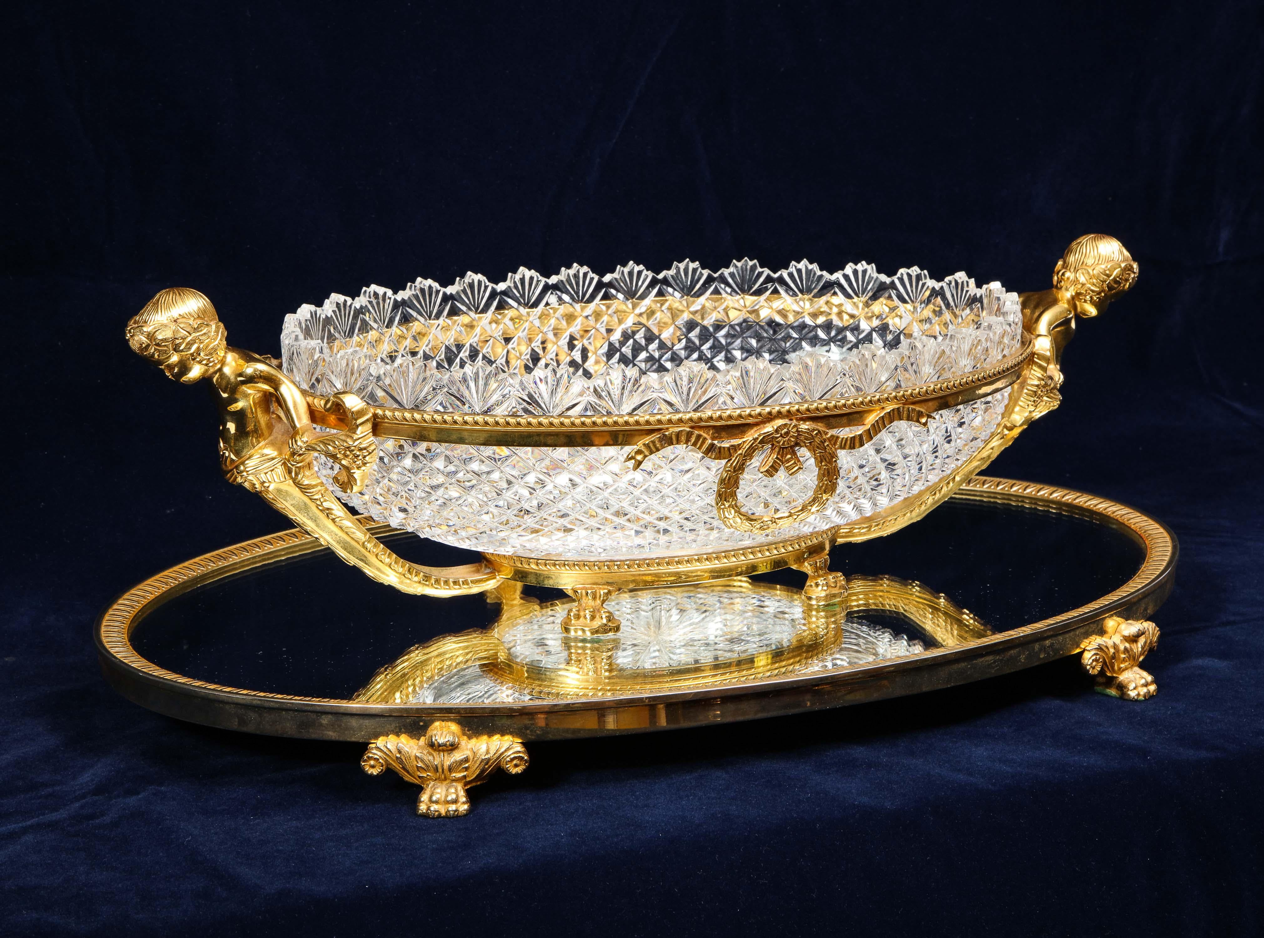 Louis XVI Dore Bronze Mtd. Baccarat Crystal 'Attributed' Centerpiece on Mirrored Plateau For Sale